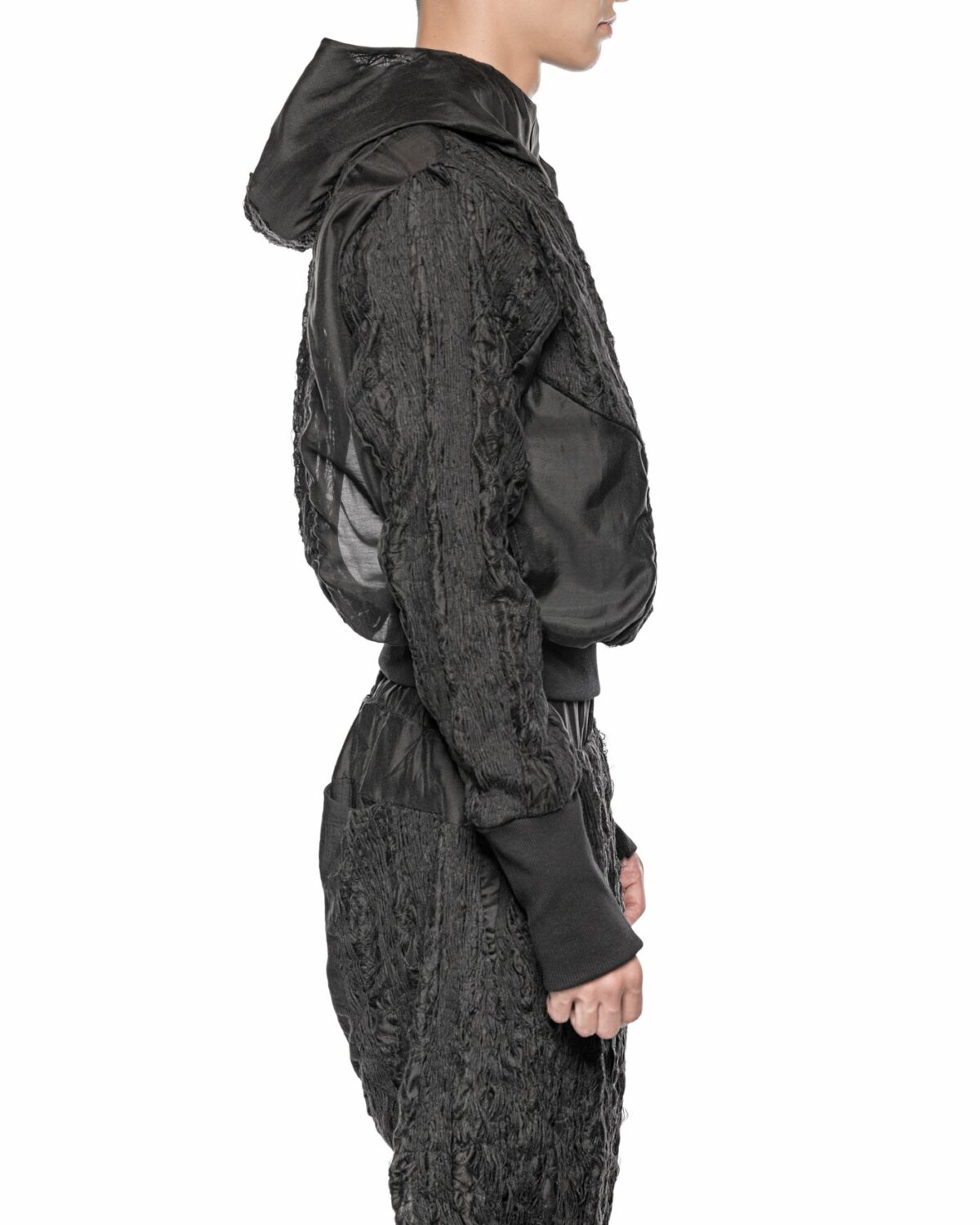 MINOAR - Filamentous Shell Hood Anorak, Men's black cotton anorak with Fiber-Bond texture - 4