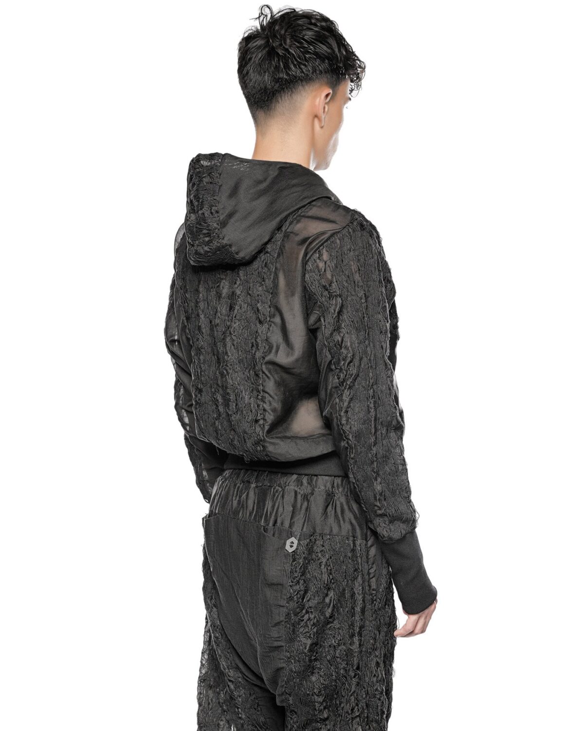 MINOAR - Filamentous Shell Hood Anorak, Men's black cotton anorak with Fiber-Bond texture - 5
