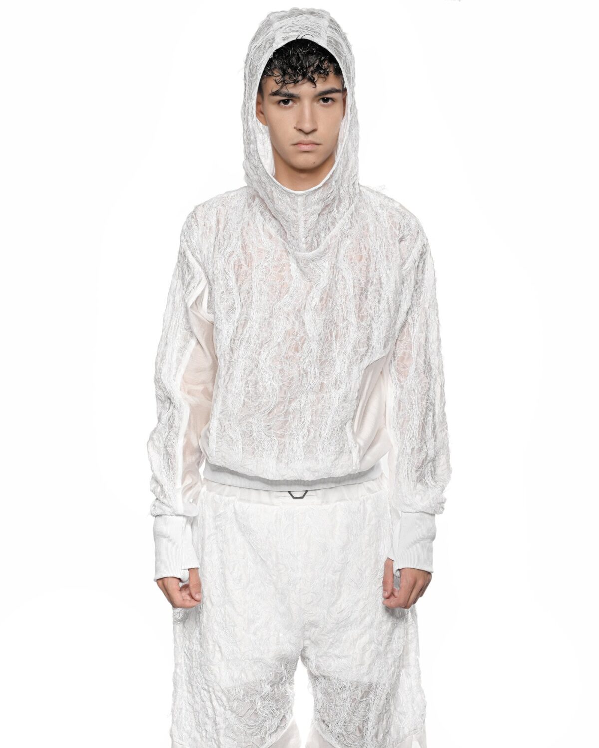 MINOAR - Filamentous Shell Hood Anorak, Men's white cotton anorak with Fiber-Bond texture - 3
