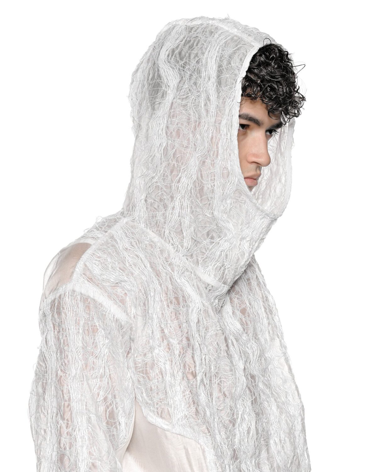 MINOAR - Filamentous Shell Hood Anorak, Men's white cotton anorak with Fiber-Bond texture - 9