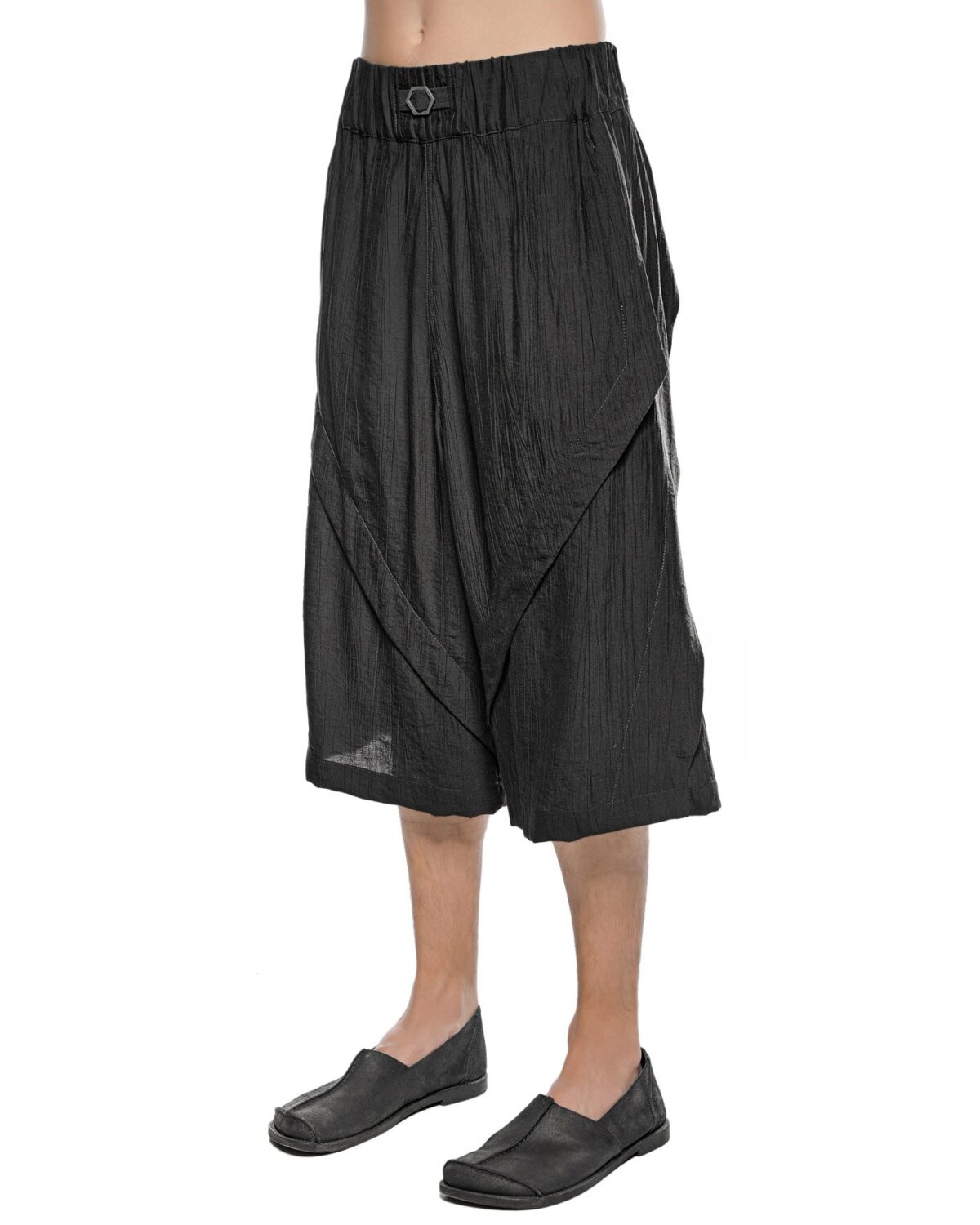 MINOAR - Array Loose Crop Panel Pants, Men's black viscose pants with drop-crotch silhouette - 3