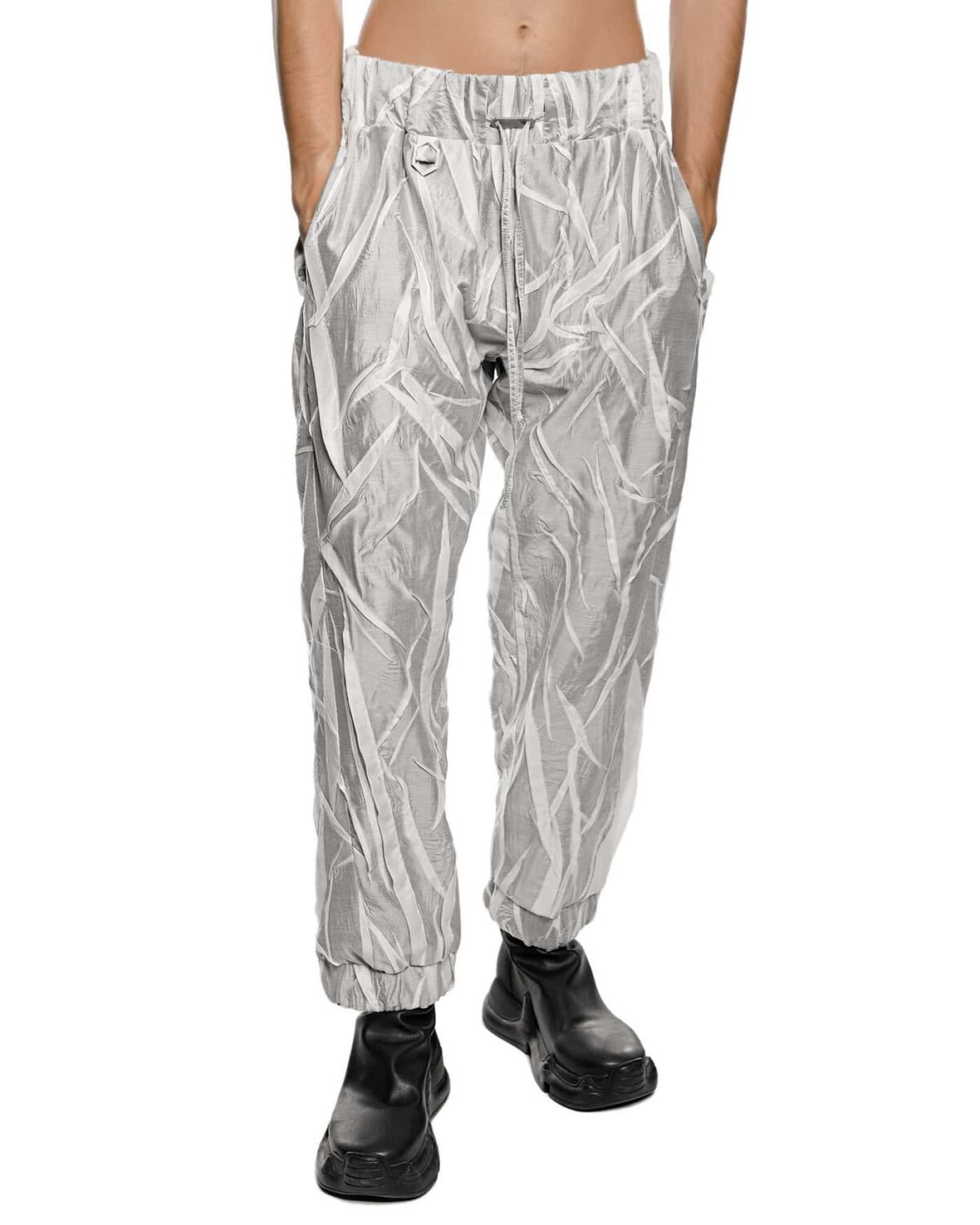 MINOAR - Diffuse Crushed Shell Pants, Men's white lyocell pants with diagonal welt pockets - 8