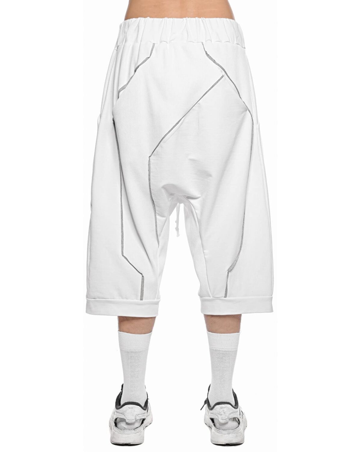 MINOAR - Cluster Panel Drop Crotch Shorts, Men's white cotton shorts with drop-crotch silhouette - 3