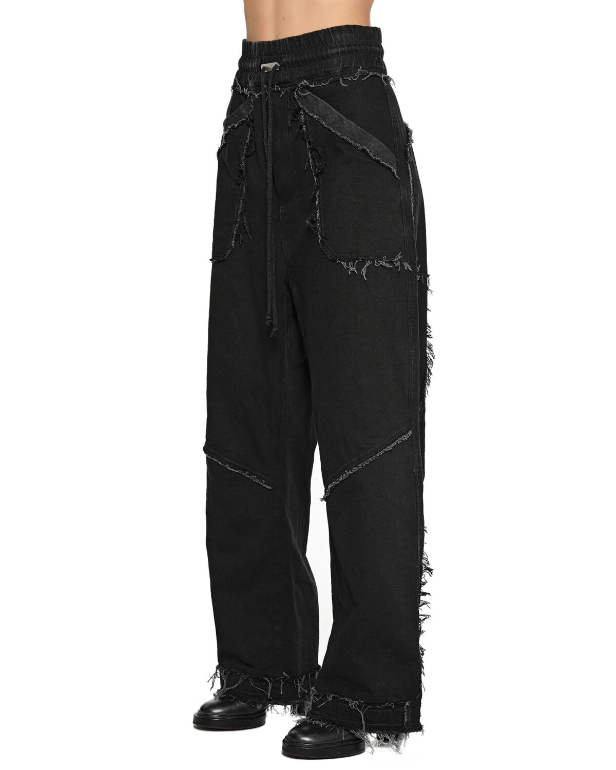 MINOAR - Multi-Cut Denim Washed Pants, Women's black cotton pants with diagonal welt pockets - 3