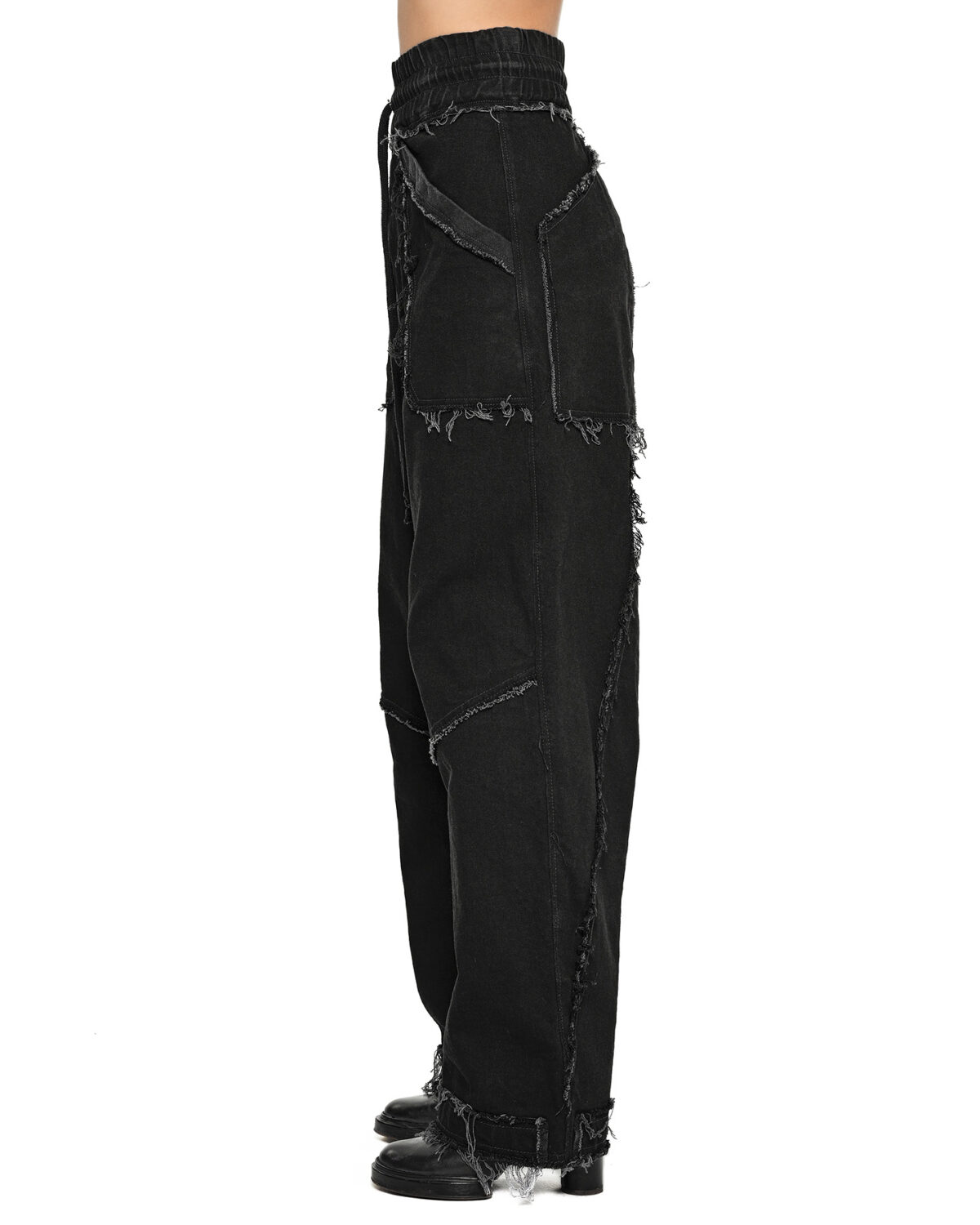 MINOAR - Multi-Cut Denim Washed Pants, Women's black cotton pants with diagonal welt pockets - 4