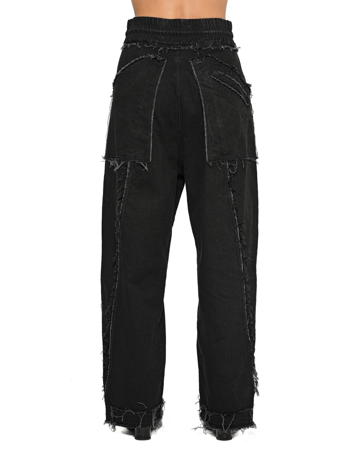 MINOAR - Multi-Cut Denim Washed Pants, Women's black cotton pants with diagonal welt pockets - 5