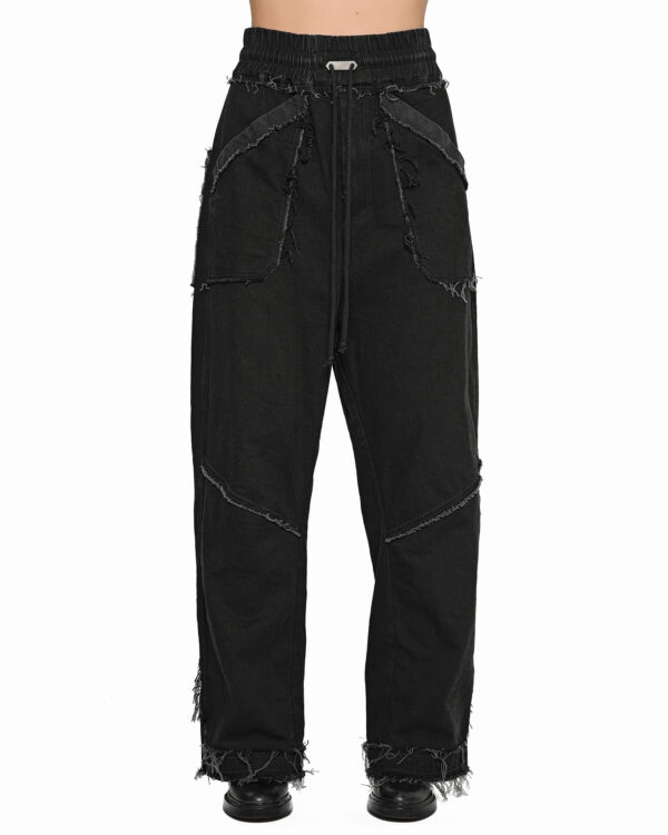 MINOAR - Multi-Cut Denim Washed Pants, Women's black cotton pants with diagonal welt pockets - 1