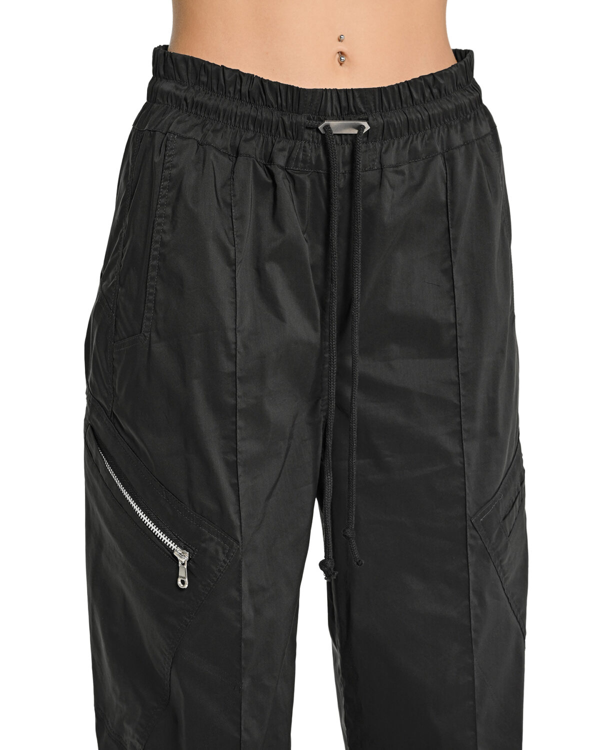 MINOAR - Gravity Flare Cargo Trousers, Women's black cotton trousers with diagonal welt pockets - 6