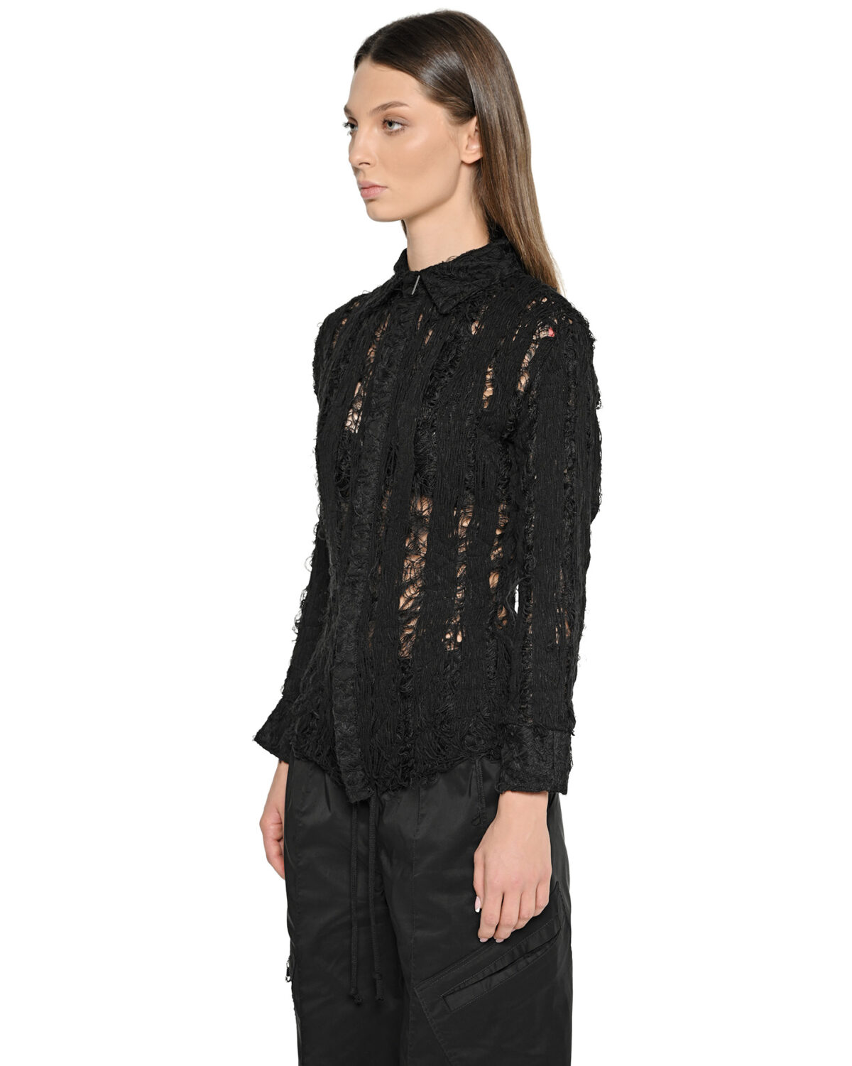 MINOAR - Filamentous Collar Shirt, Women's black cotton shirt with Fiber-Bond texture - 3