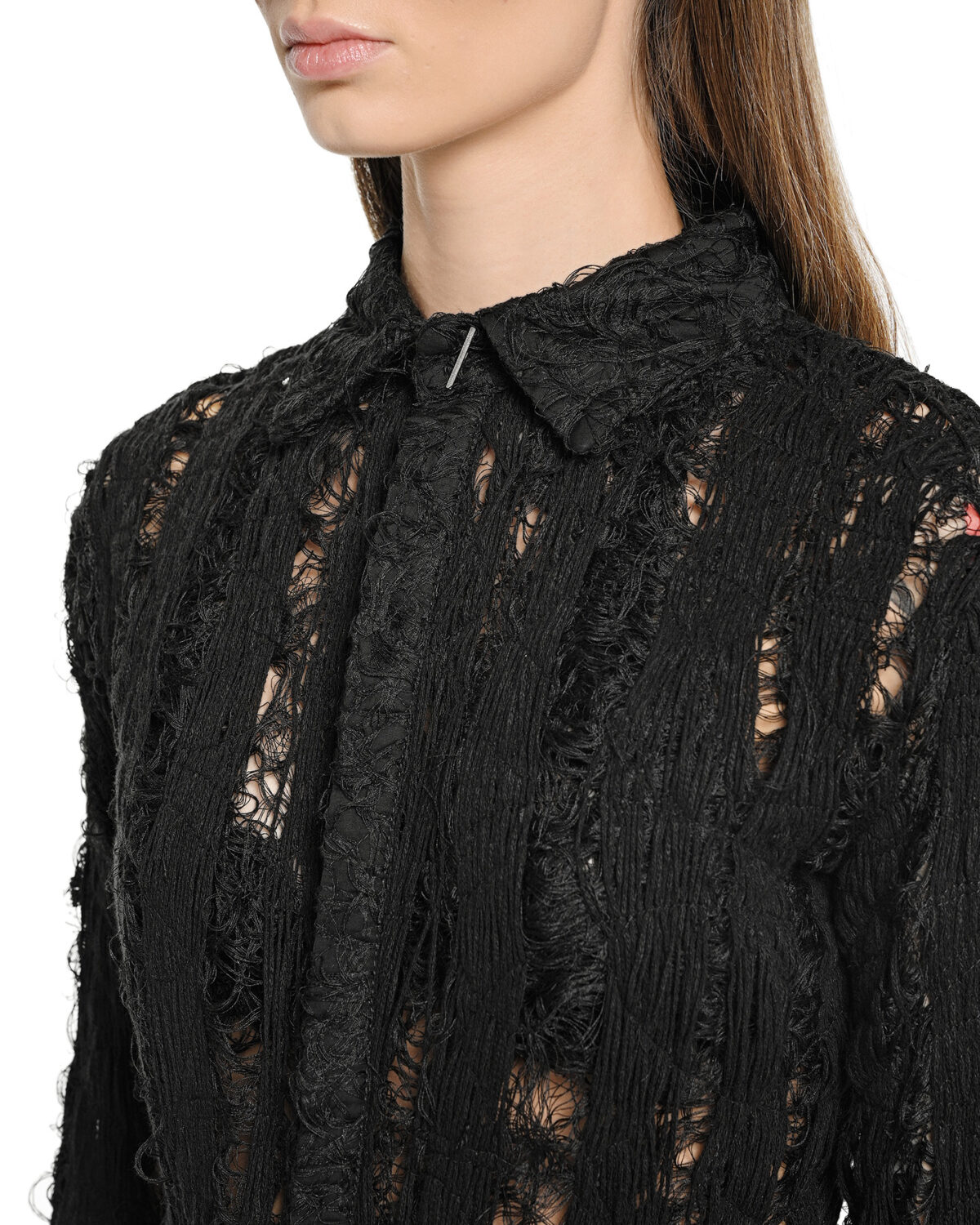 MINOAR - Filamentous Collar Shirt, Women's black cotton shirt with Fiber-Bond texture - 4