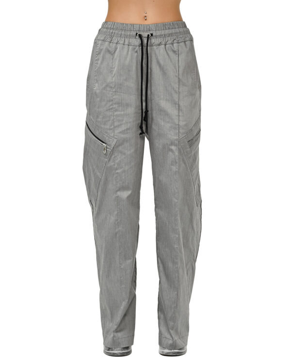 MINOAR - Inox Flare Cargo Trousers, Women's grey cotton trousers with diagonal welt pockets - 1