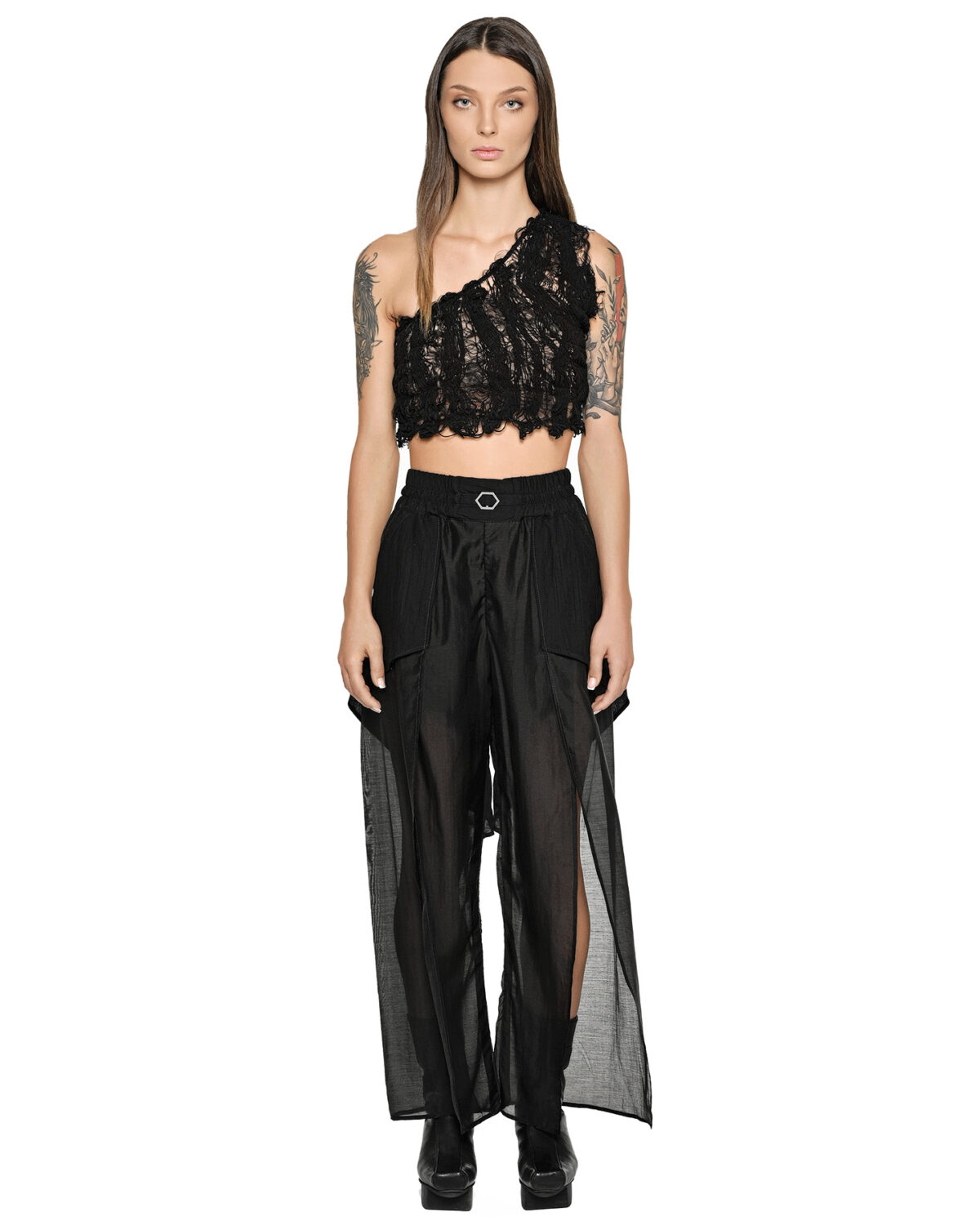 MINOAR - Single Shoulder Filamentous Top, Women's black cotton top with Fiber-Bond texture - 5