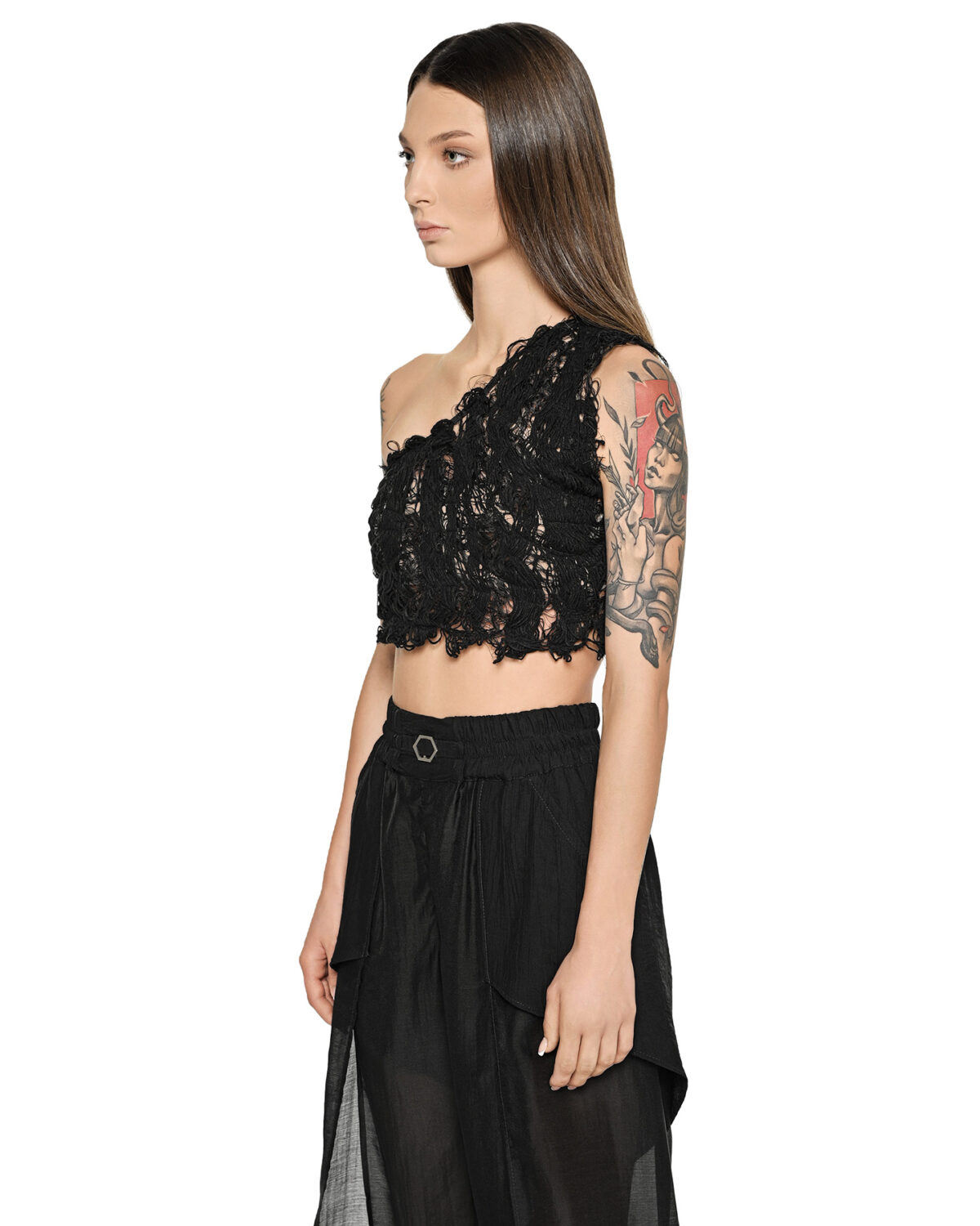 MINOAR - Single Shoulder Filamentous Top, Women's black cotton top with Fiber-Bond texture - 3
