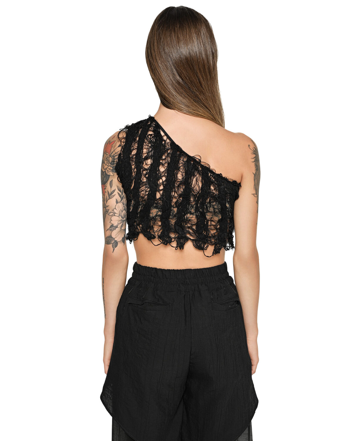 MINOAR - Single Shoulder Filamentous Top, Women's black cotton top with Fiber-Bond texture - 4