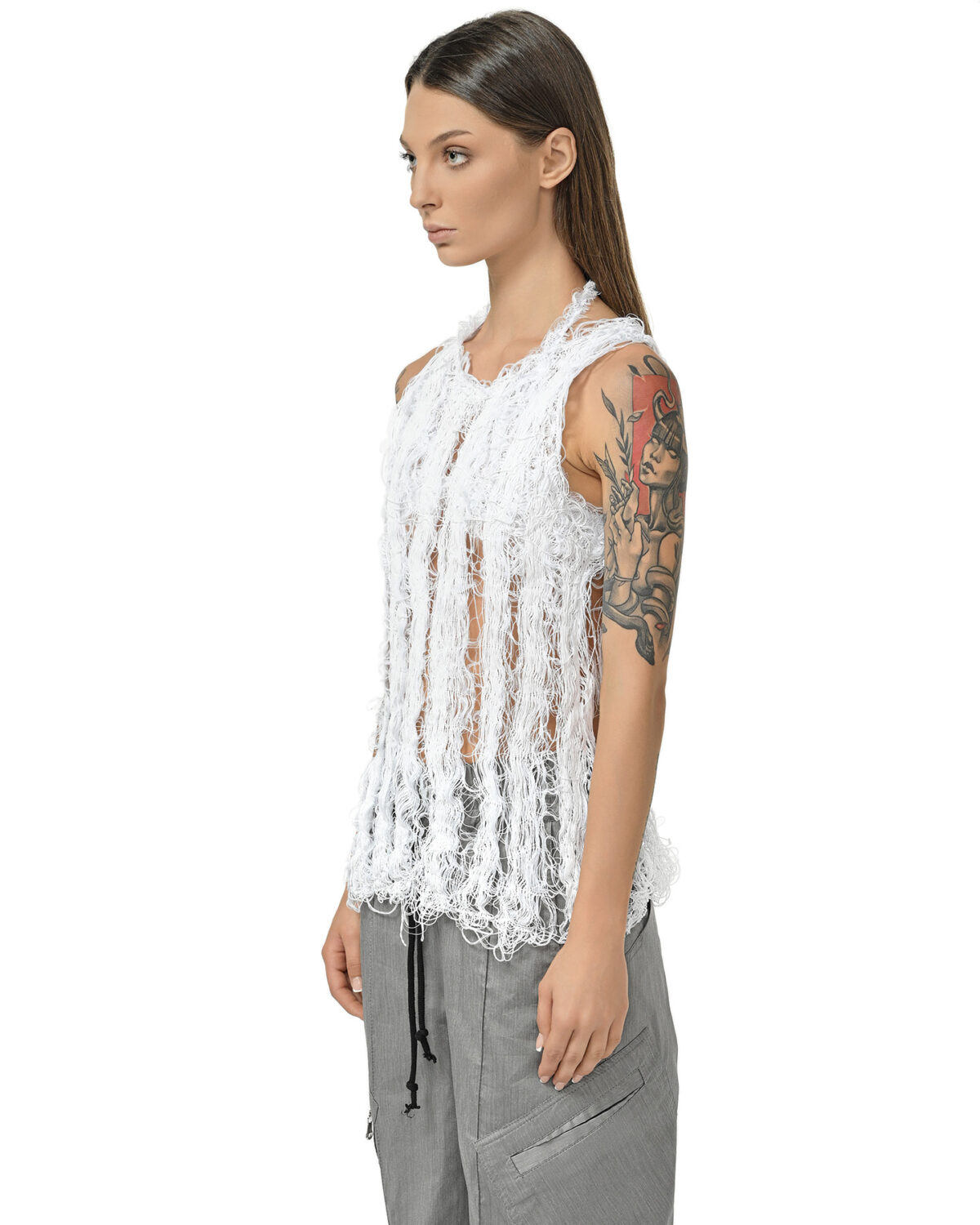 MINOAR - Filamentous White Tank Top, Women's white cotton top with Fiber-Bond texture - 3