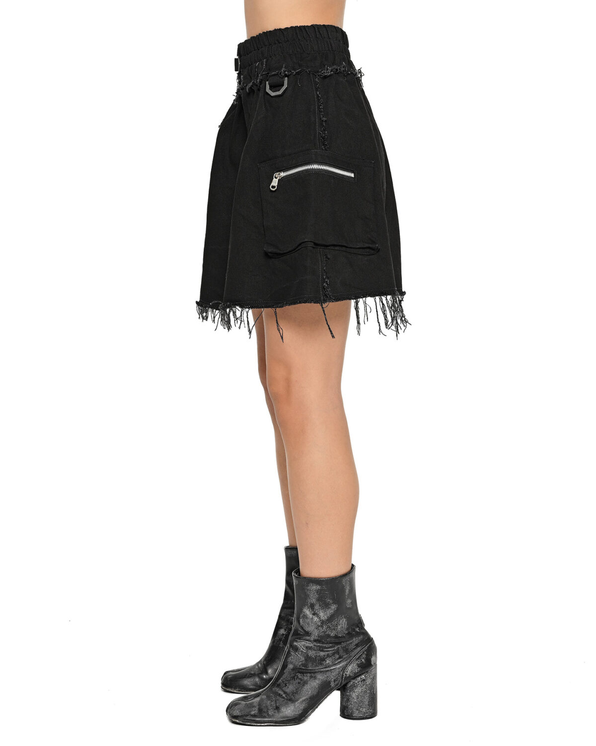 MINOAR - Multi-Cut Denim Washed Skirt, Women's black cotton skirt with cargo pocket detail - 4