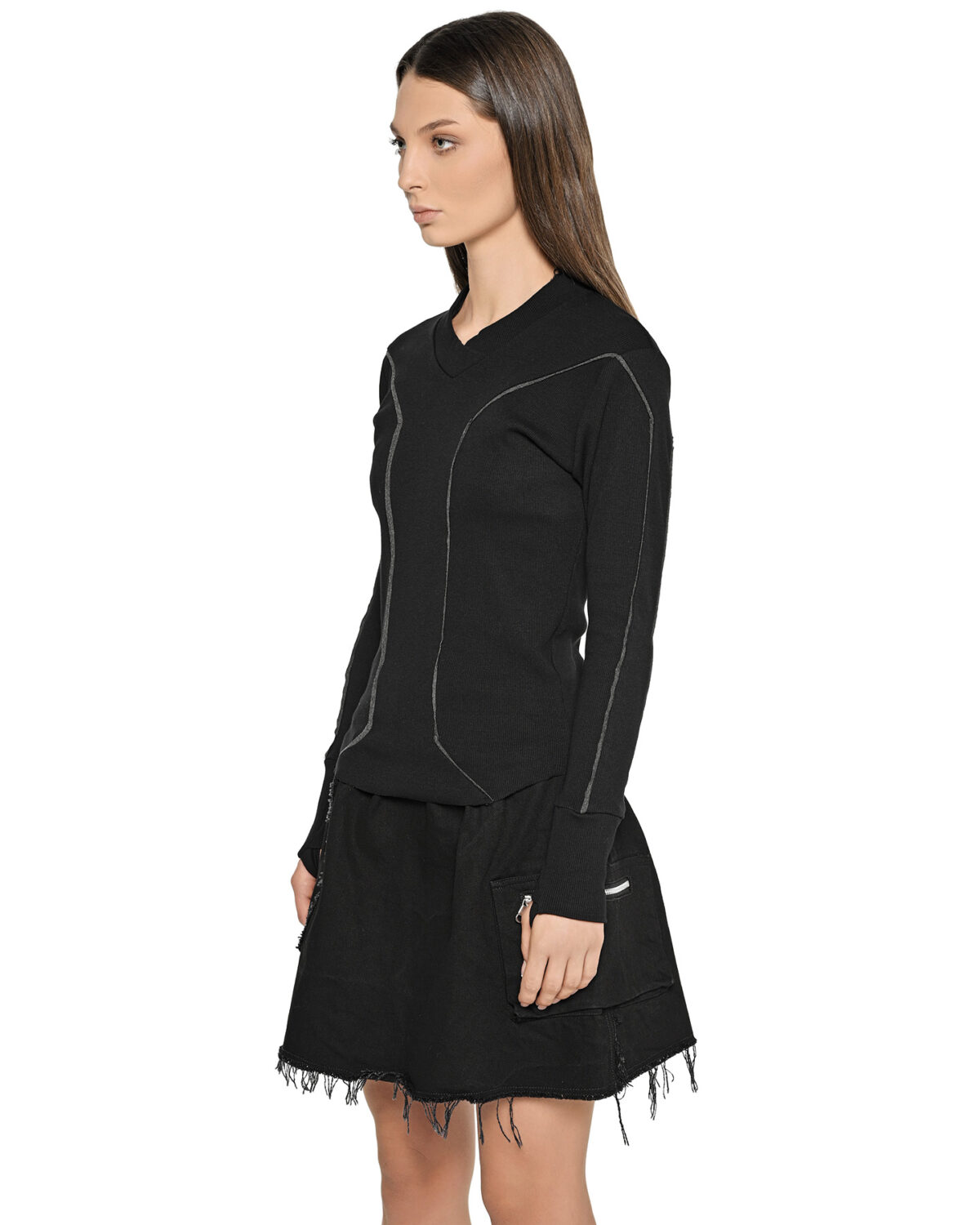 MINOAR - Cluster Long Sleeve T-shirt, Women's black cotton long sleeve T-shirt with external seam detail - 3