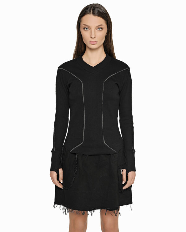 MINOAR - Cluster Long Sleeve T-shirt, Women's black cotton long sleeve T-shirt with external seam detail - 1