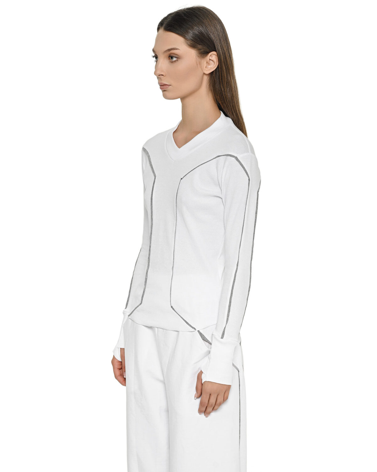MINOAR - Cluster Long sleeve T-shirt, Women's white cotton long sleeve T-shirt with external seam detail - 3