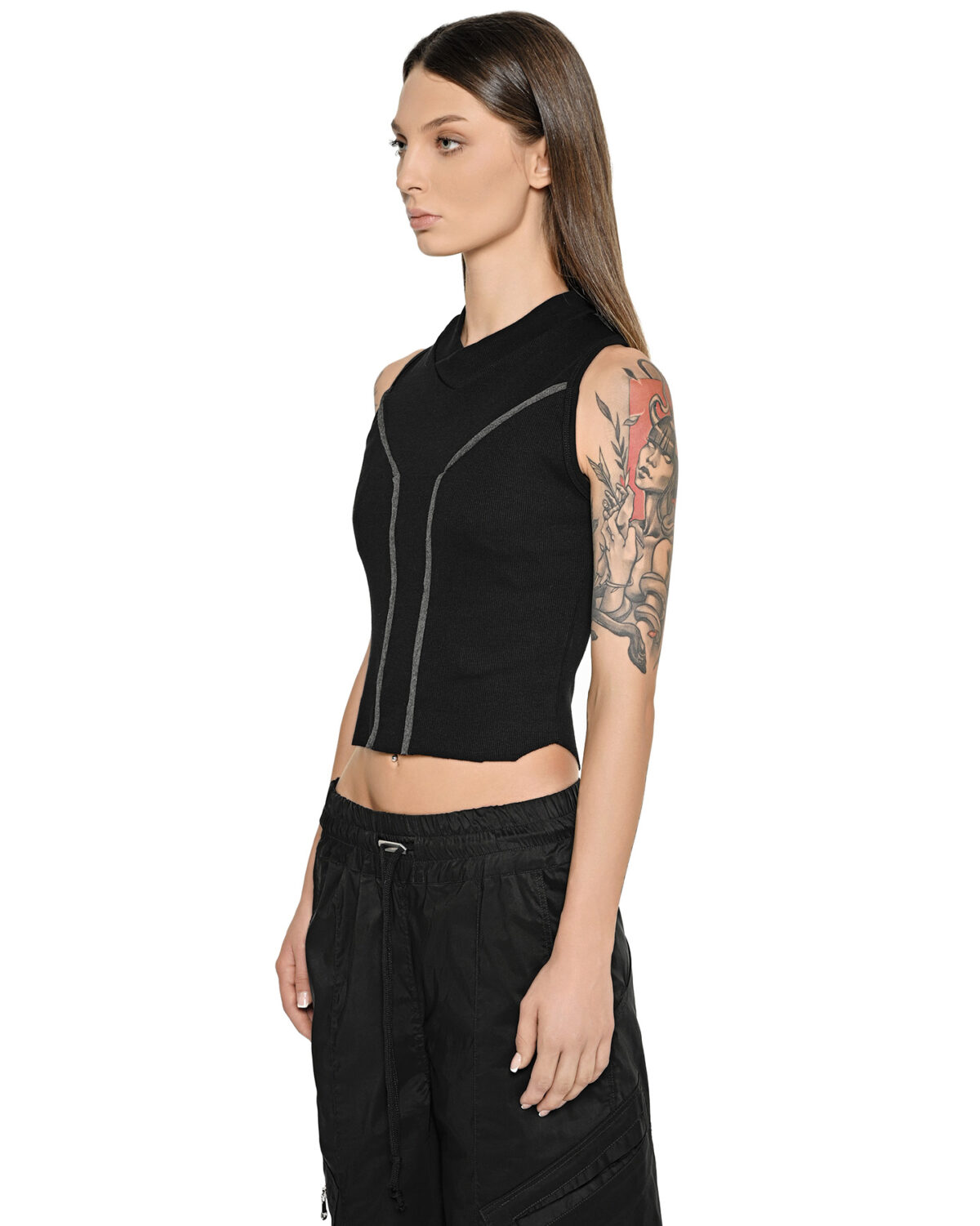 MINOAR - Cluster External Seam Sleeveless Top, Women's black cotton top with external seam detail - 3