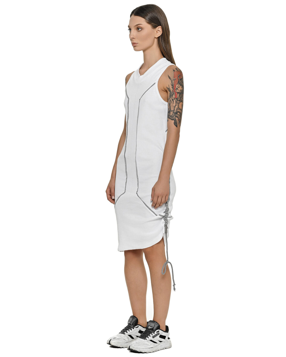 MINOAR - Cluster Adjustable Long Tank Top, Women's white cotton top with external seam detail - 3