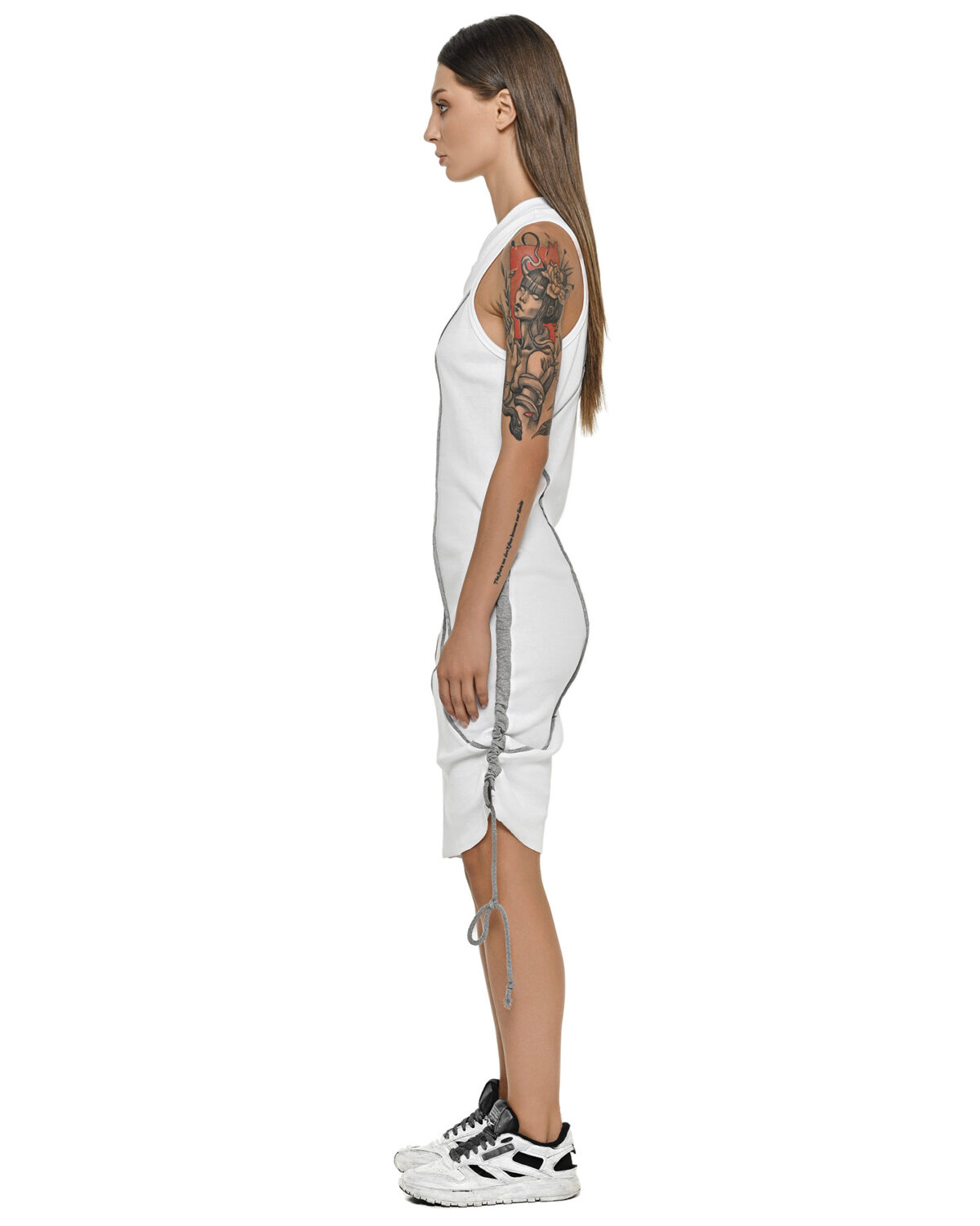 MINOAR - Cluster Adjustable Long Tank Top, Women's white cotton top with external seam detail - 4