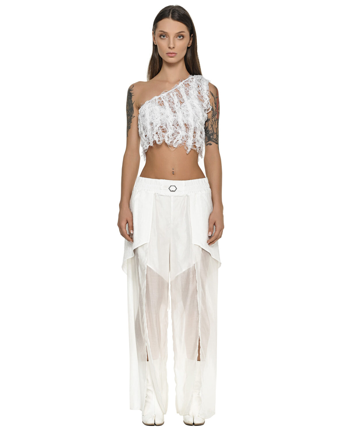 MINOAR - Radiant Layered Bone Trousers, Women's white viscose trousers with diagonal welt pockets - 7