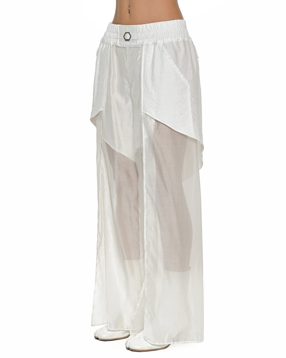 MINOAR - Radiant Layered Bone Trousers, Women's white viscose trousers with diagonal welt pockets - 3