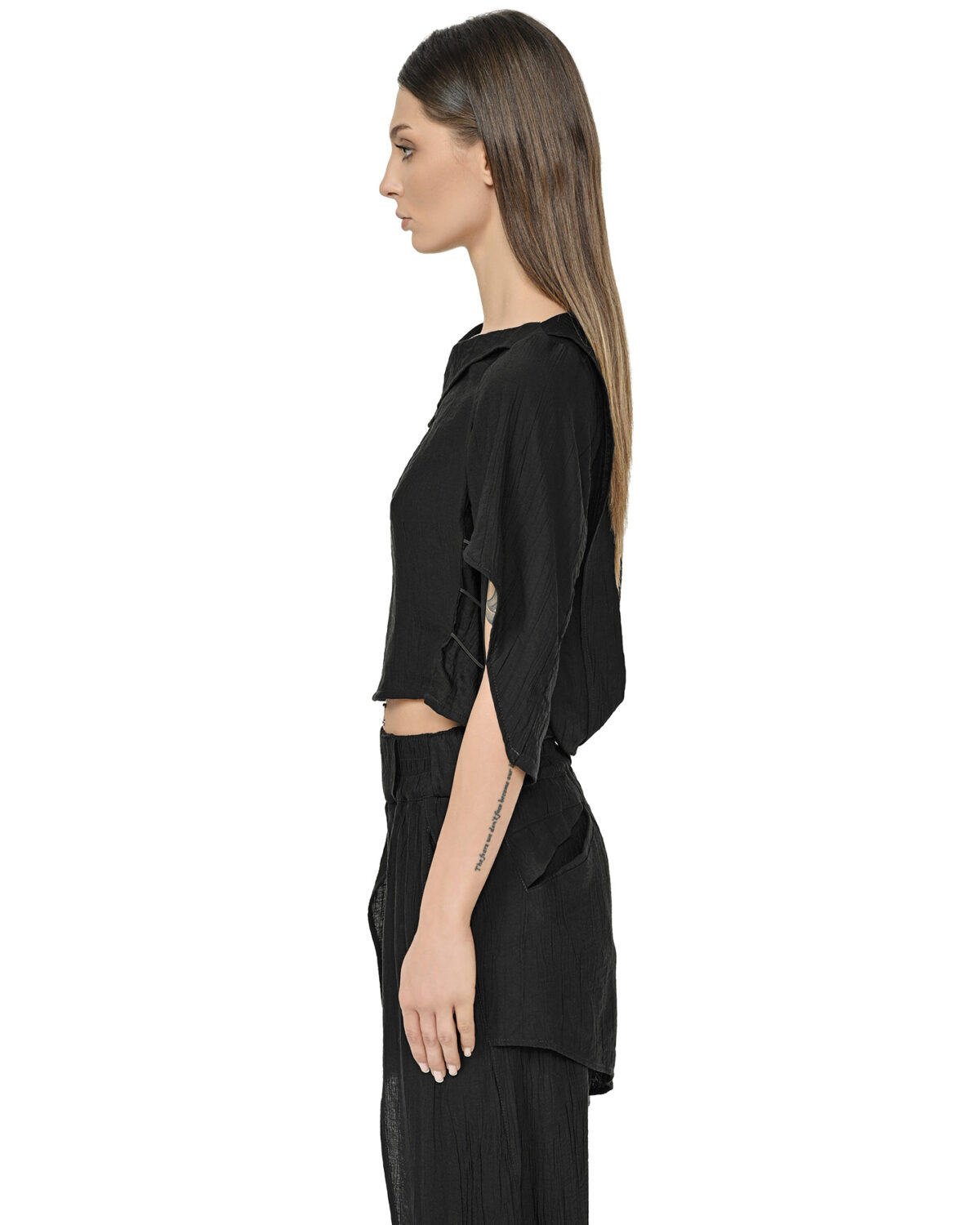 MINOAR - Array Wrinkled Straps Top, Women's black viscose top with layered construction - 4