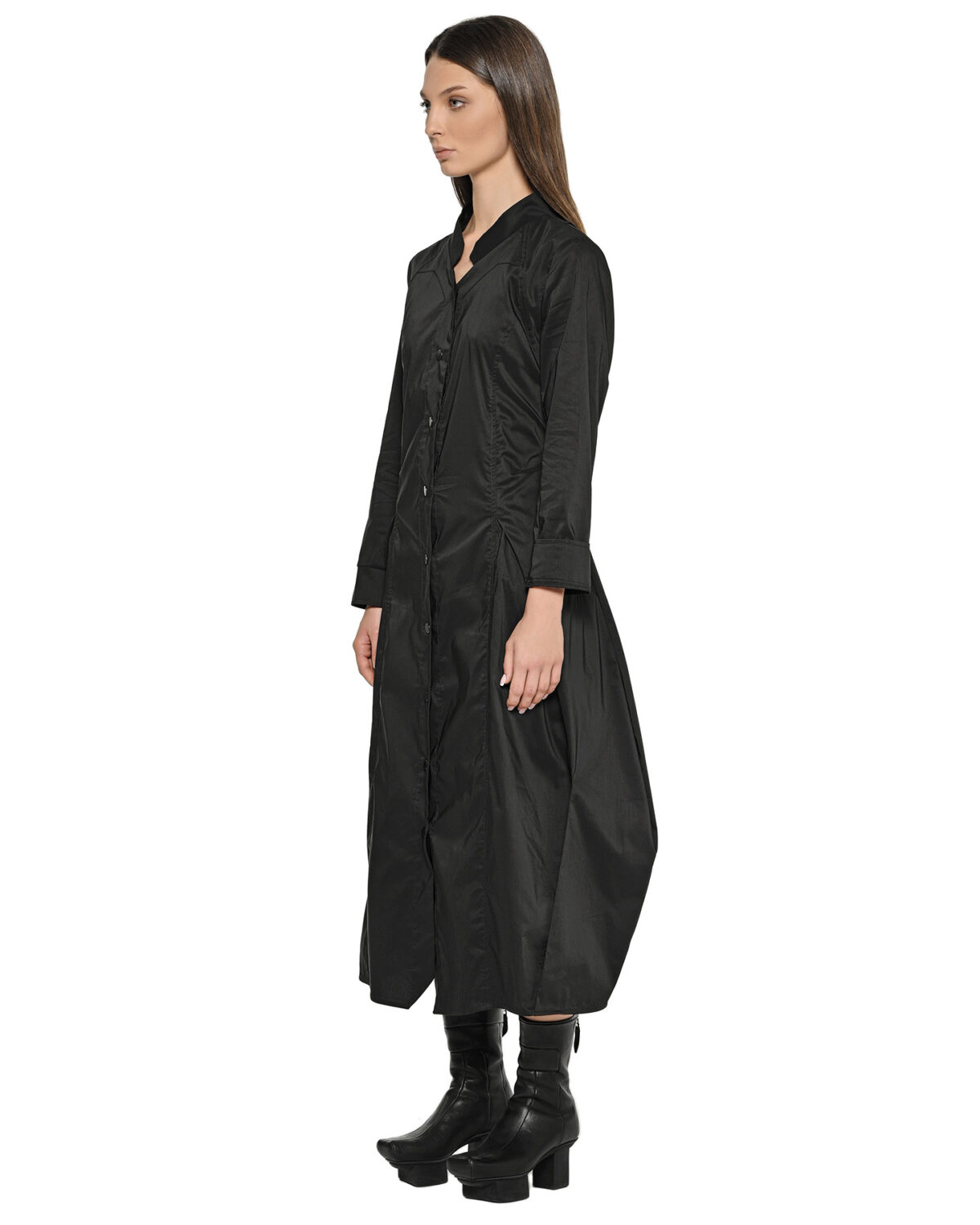 MINOAR - Gravity Shirt Dress, Women's black cotton dress with multi-segment construction - 4
