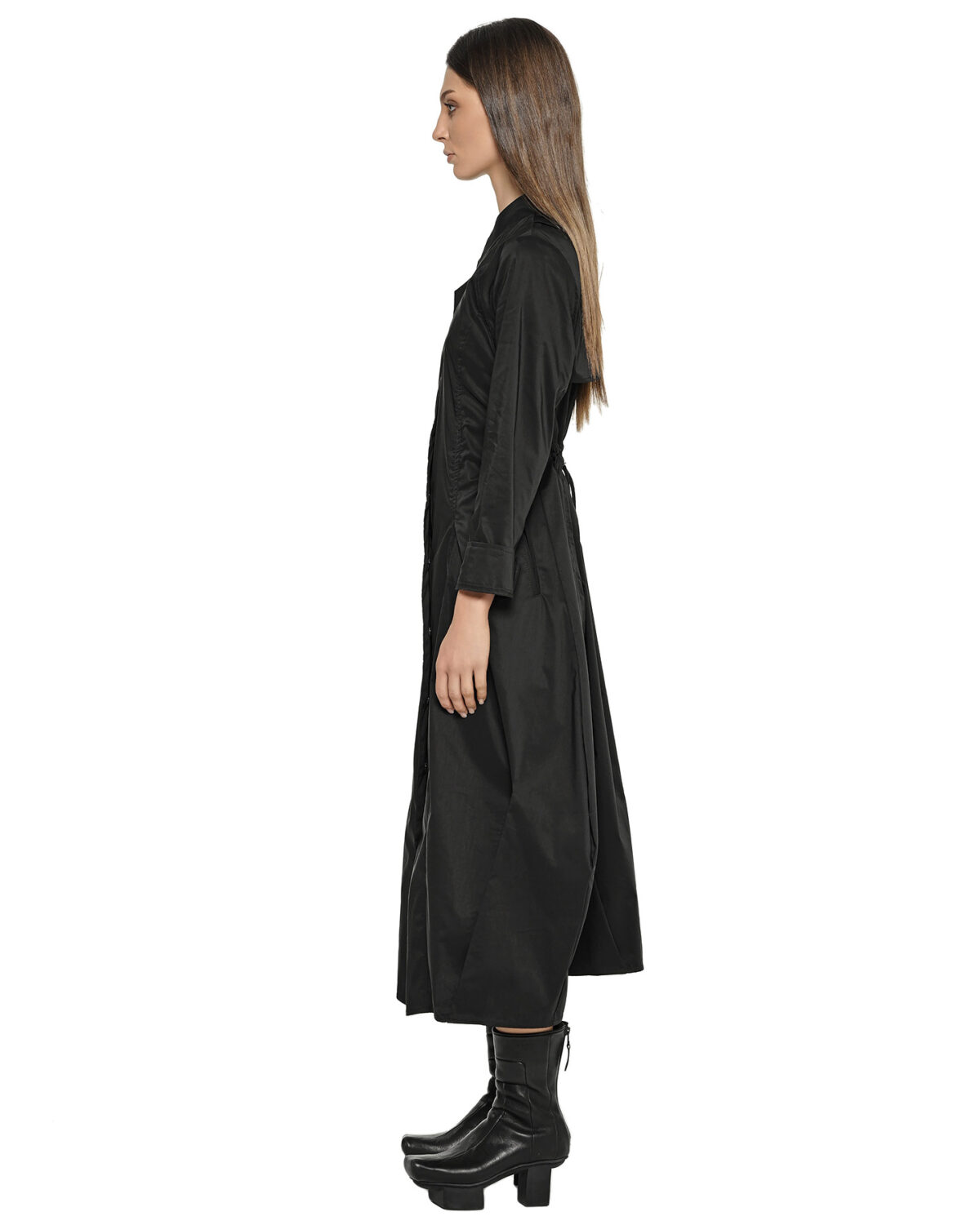 MINOAR - Gravity Shirt Dress, Women's black cotton dress with multi-segment construction - 5