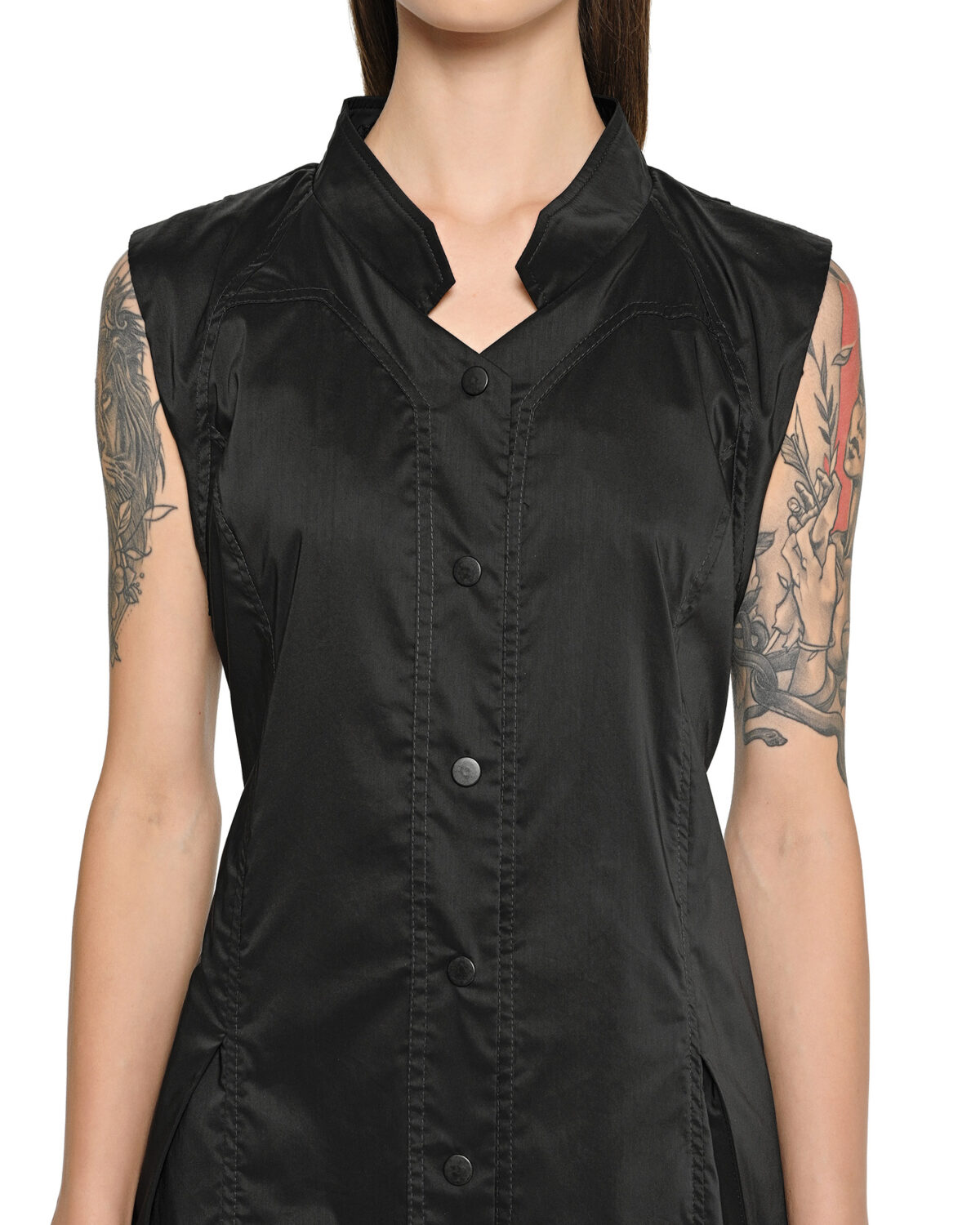 MINOAR - Gravity Sleeveless Shirt Dress, Women's black cotton dress with multi-segment construction - 4