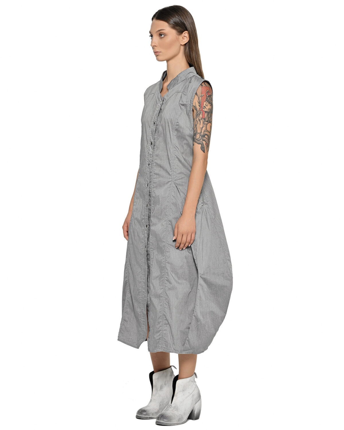 MINOAR - Gravity Inox Sleeveless Shirt Dress, Women's grey cotton dress with multi-segment construction - 4