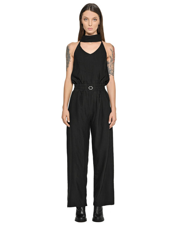 MINOAR - Array Bow Collar Black Overall, Women's black viscose overall with relaxed fit - 1