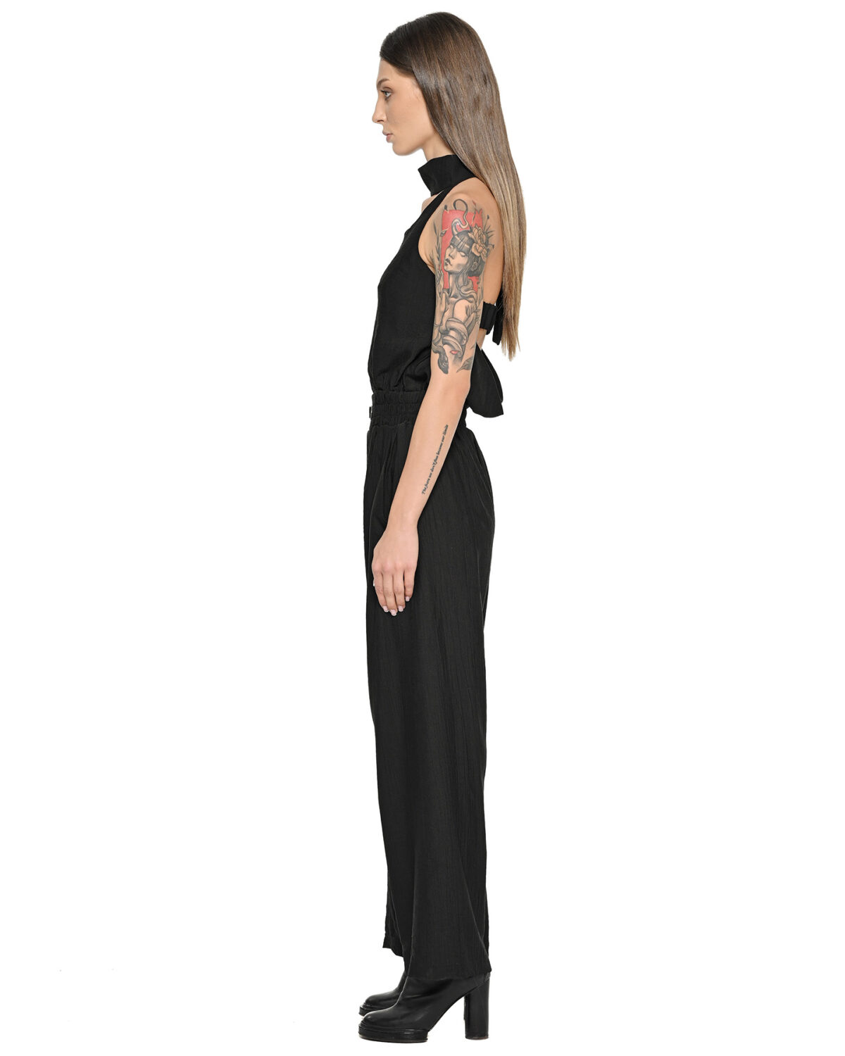 MINOAR - Array Bow Collar Black Overall, Women's black viscose overall with relaxed fit - 6