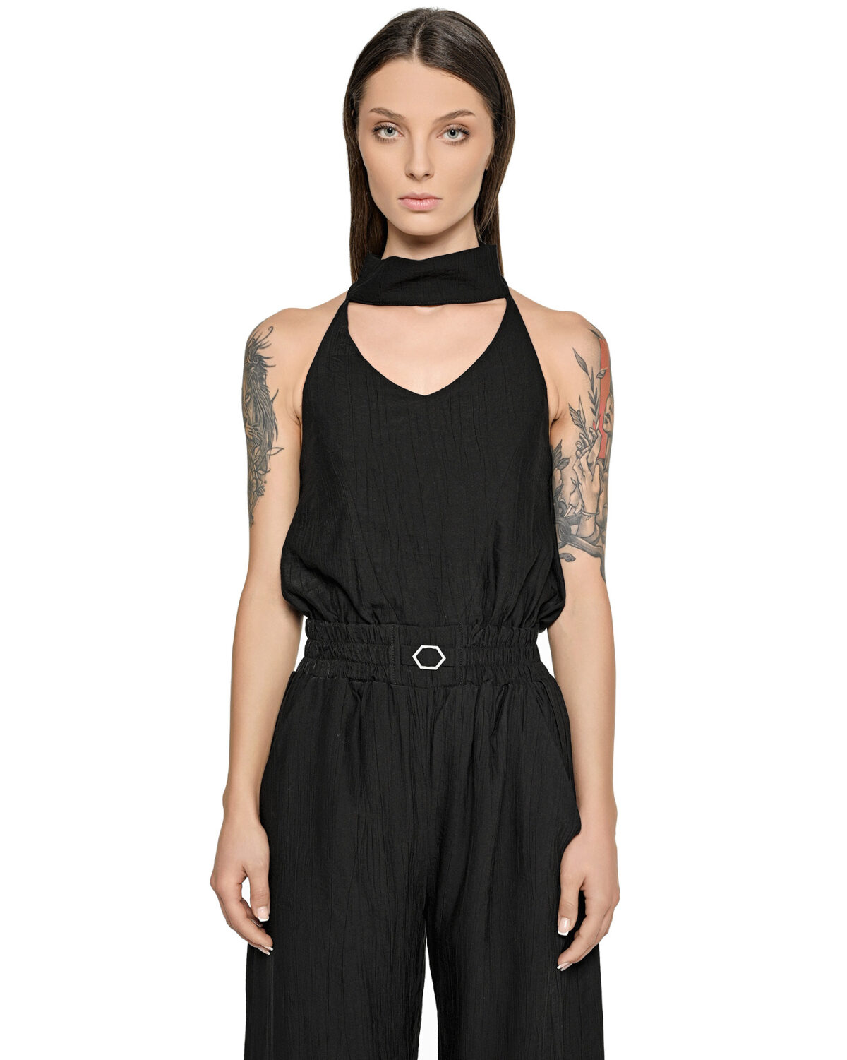 MINOAR - Array Bow Collar Black Overall, Women's black viscose overall with relaxed fit - 5
