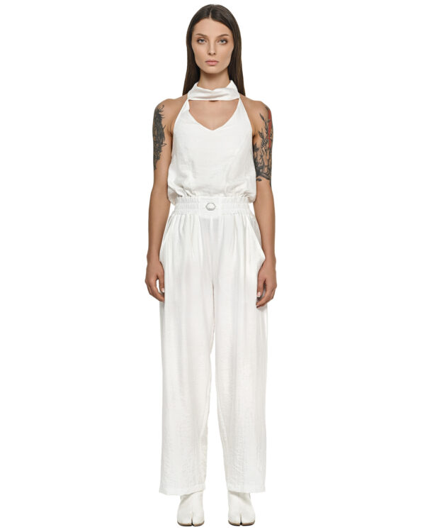 MINOAR - Array Bow Collar Bone Overall, Women's white viscose overall with relaxed fit - 1