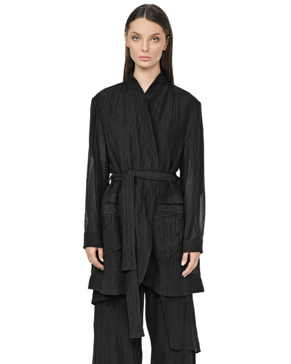 MINOAR - Wrinkled Parallax Soft Coat, Women's black lyocell coat with steel hardware detail - 1