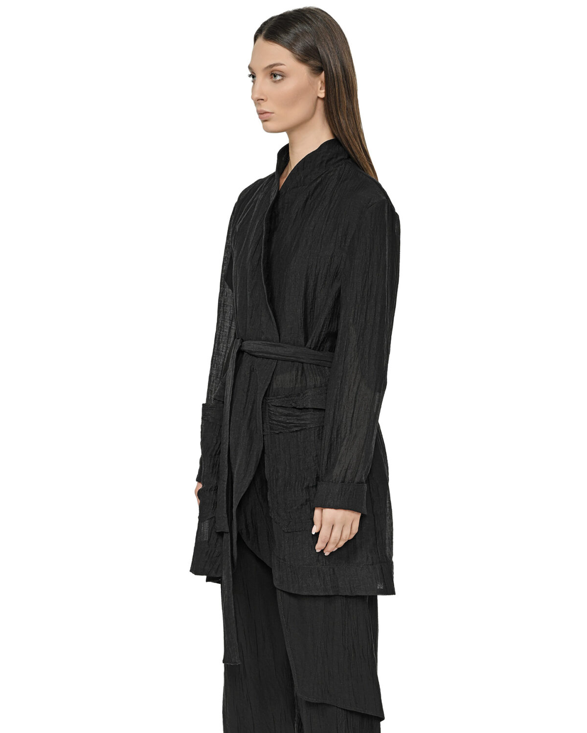 MINOAR - Wrinkled Parallax Soft Coat, Women's black lyocell coat with steel hardware detail - 3