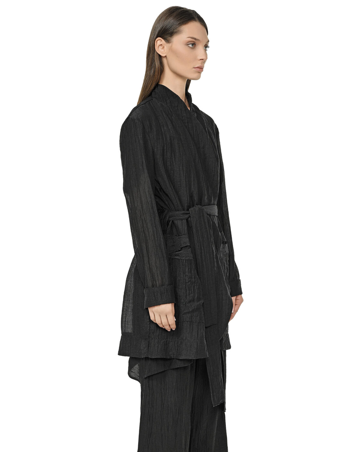 MINOAR - Wrinkled Parallax Soft Coat, Women's black lyocell coat with steel hardware detail - 5