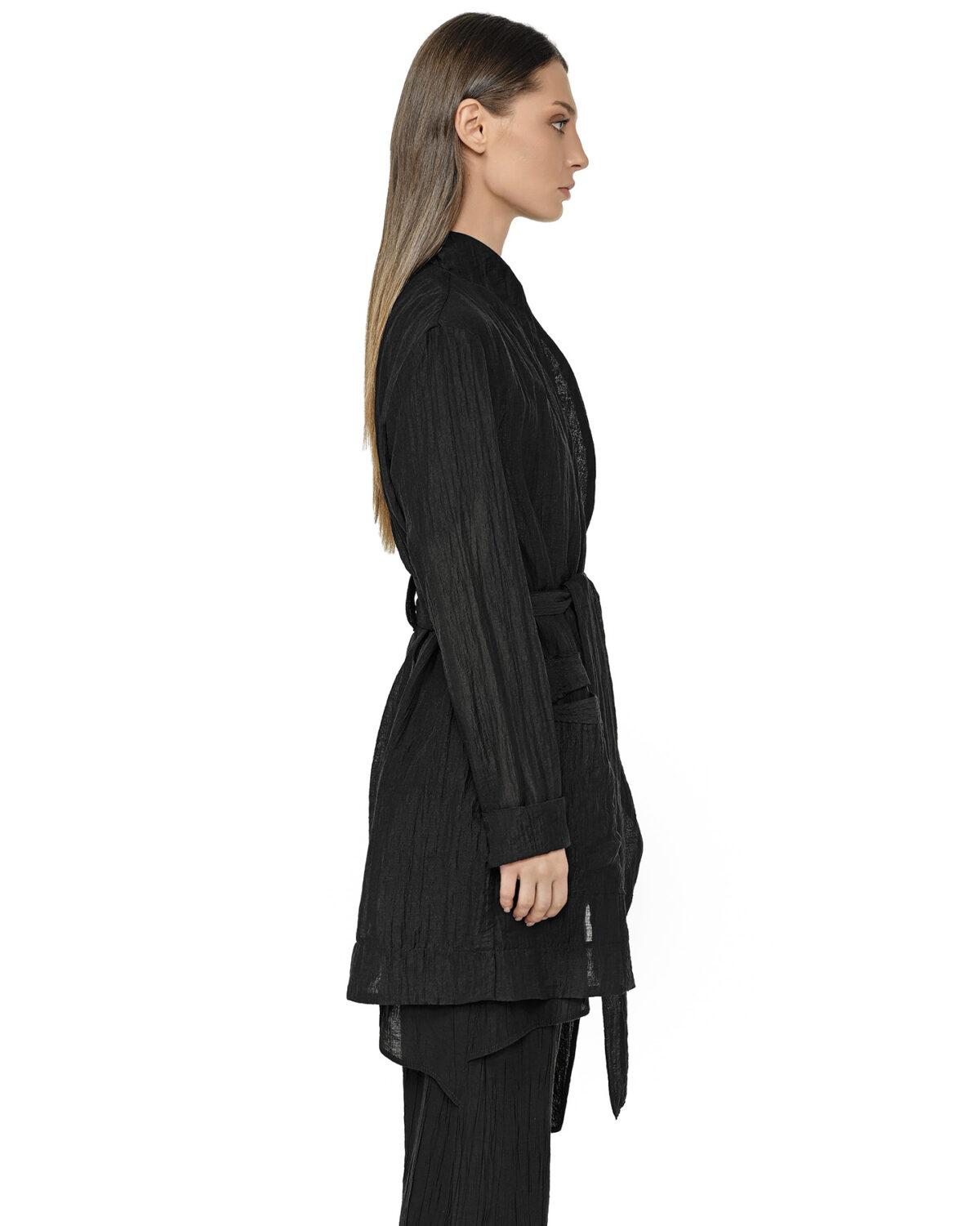 MINOAR - Wrinkled Parallax Soft Coat, Women's black lyocell coat with steel hardware detail - 4