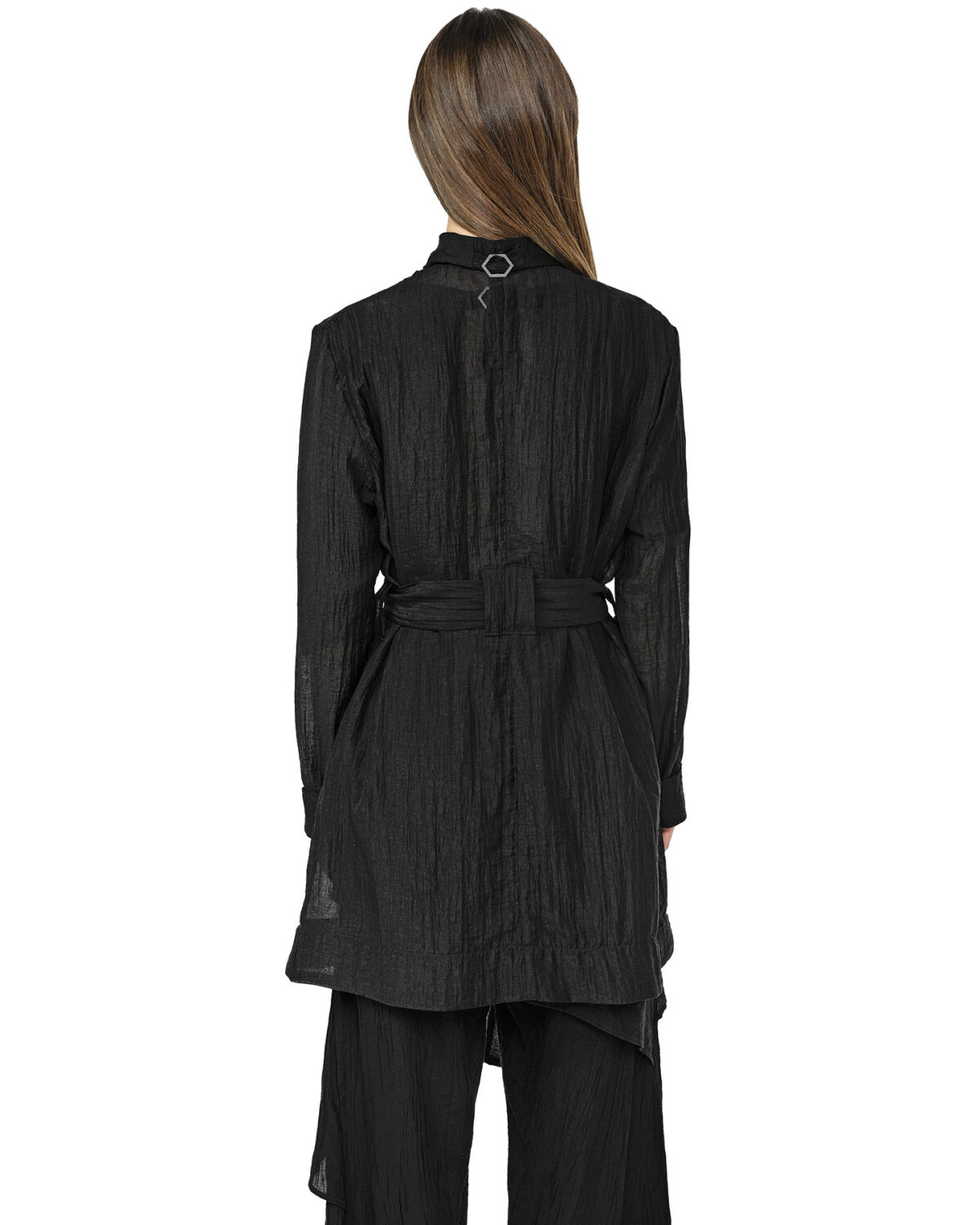 MINOAR - Wrinkled Parallax Soft Coat, Women's black lyocell coat with steel hardware detail - 6