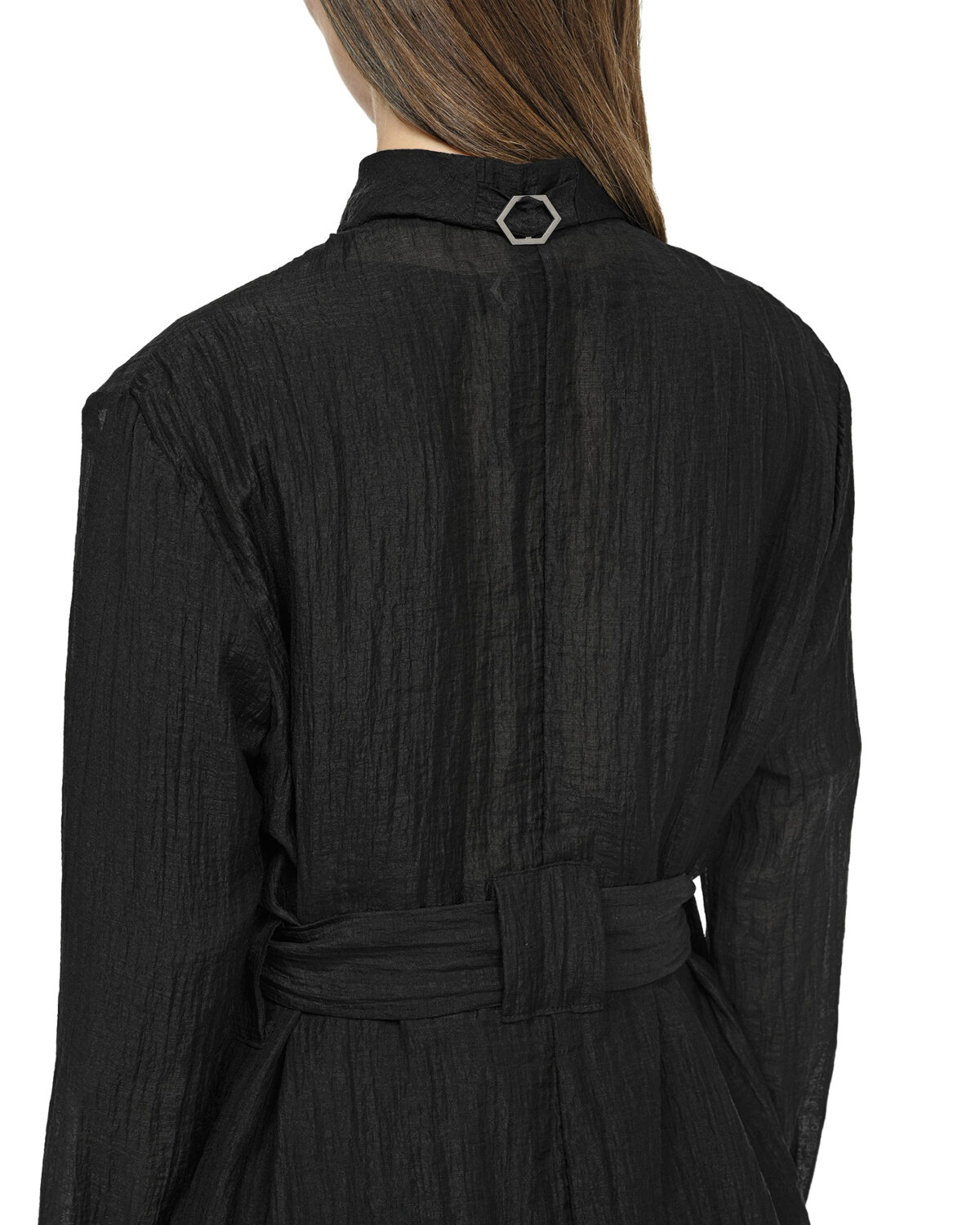 MINOAR - Wrinkled Parallax Soft Coat, Women's black lyocell coat with steel hardware detail - 7