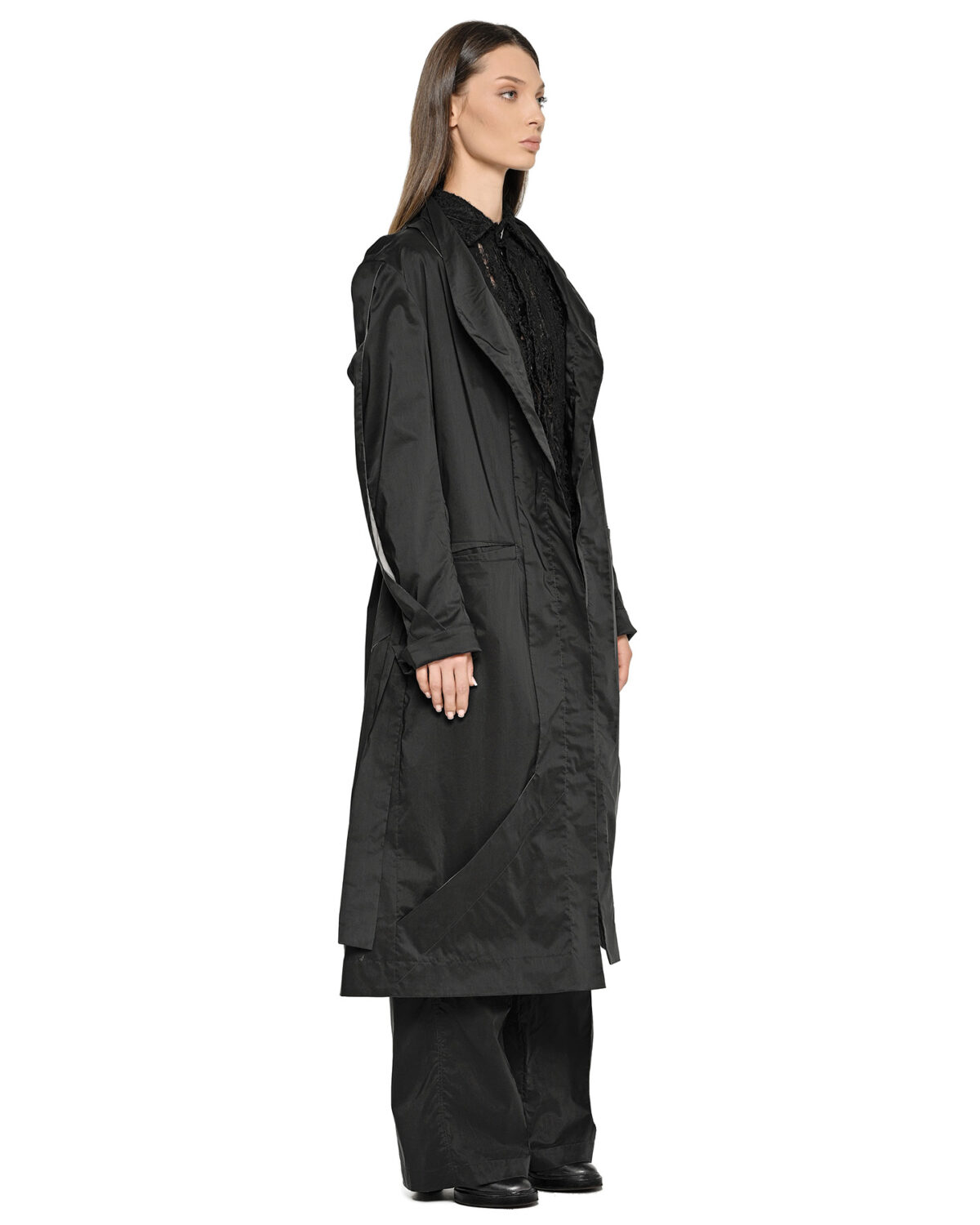 MINOAR - Gravity Deconstruct Trench Coat, Women's black cotton coat with multi-panel construction - 5