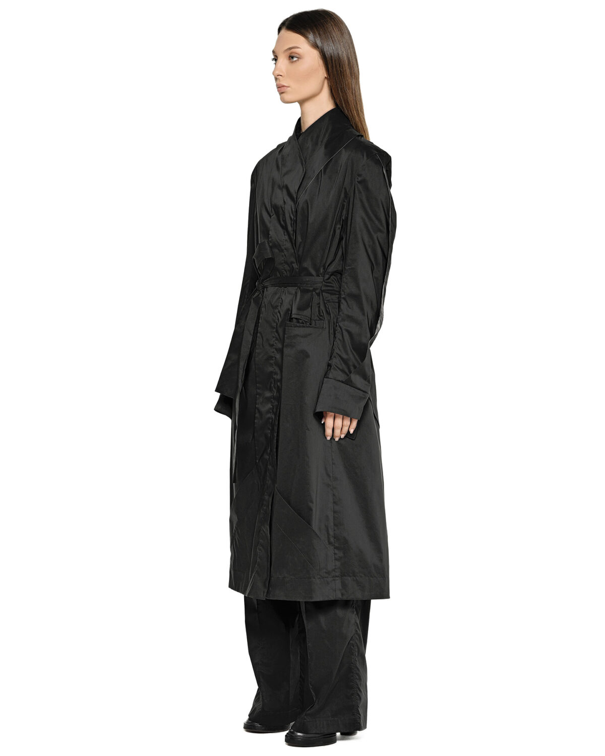 MINOAR - Gravity Deconstruct Trench Coat, Women's black cotton coat with multi-panel construction - 3