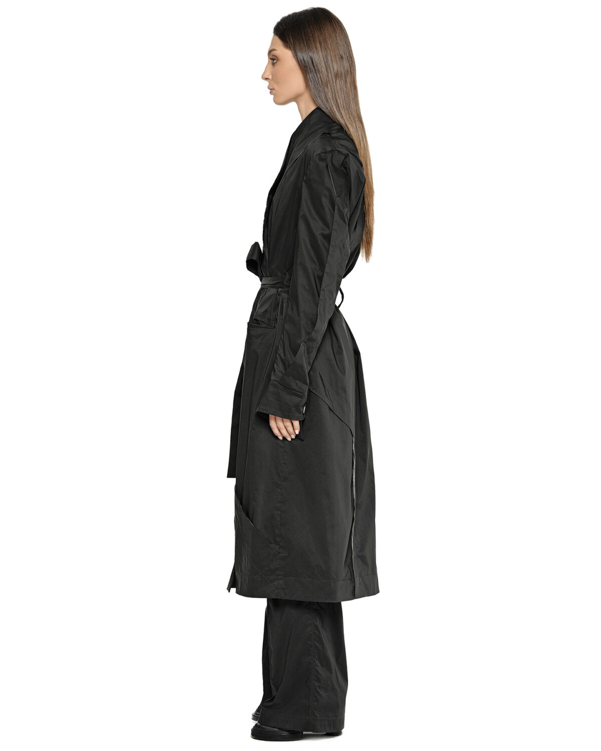 MINOAR - Gravity Deconstruct Trench Coat, Women's black cotton coat with multi-panel construction - 4