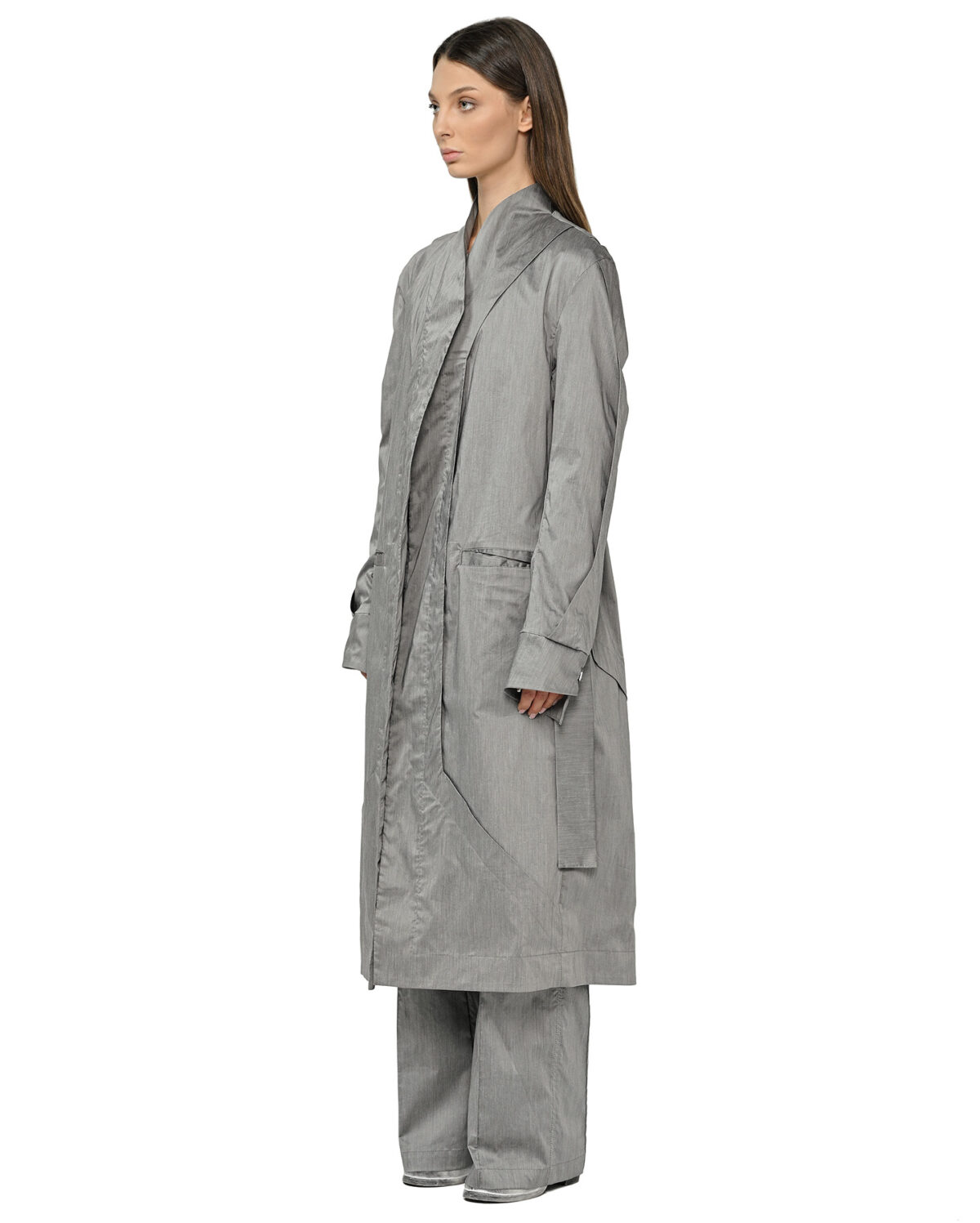 MINOAR - Gravity Grey Deconstruct Trench Coat, Women's grey cotton coat with multi-panel construction - 3