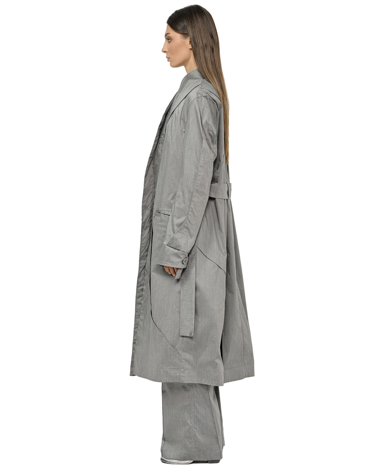 MINOAR - Gravity Grey Deconstruct Trench Coat, Women's grey cotton coat with multi-panel construction - 4