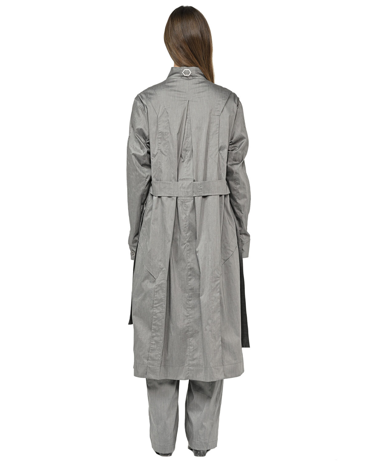 MINOAR - Gravity Grey Deconstruct Trench Coat, Women's grey cotton coat with multi-panel construction - 5
