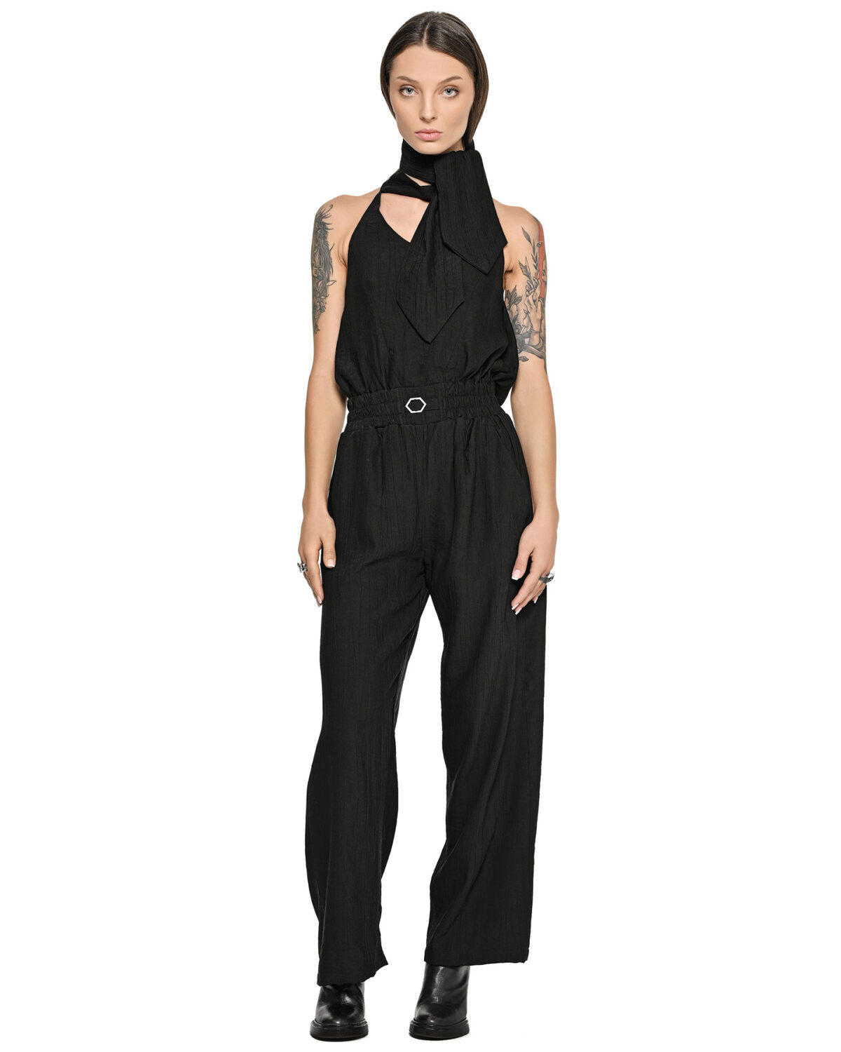 MINOAR - Array Ascot Tie, Unisex black viscose tie with steel hardware detail - 8